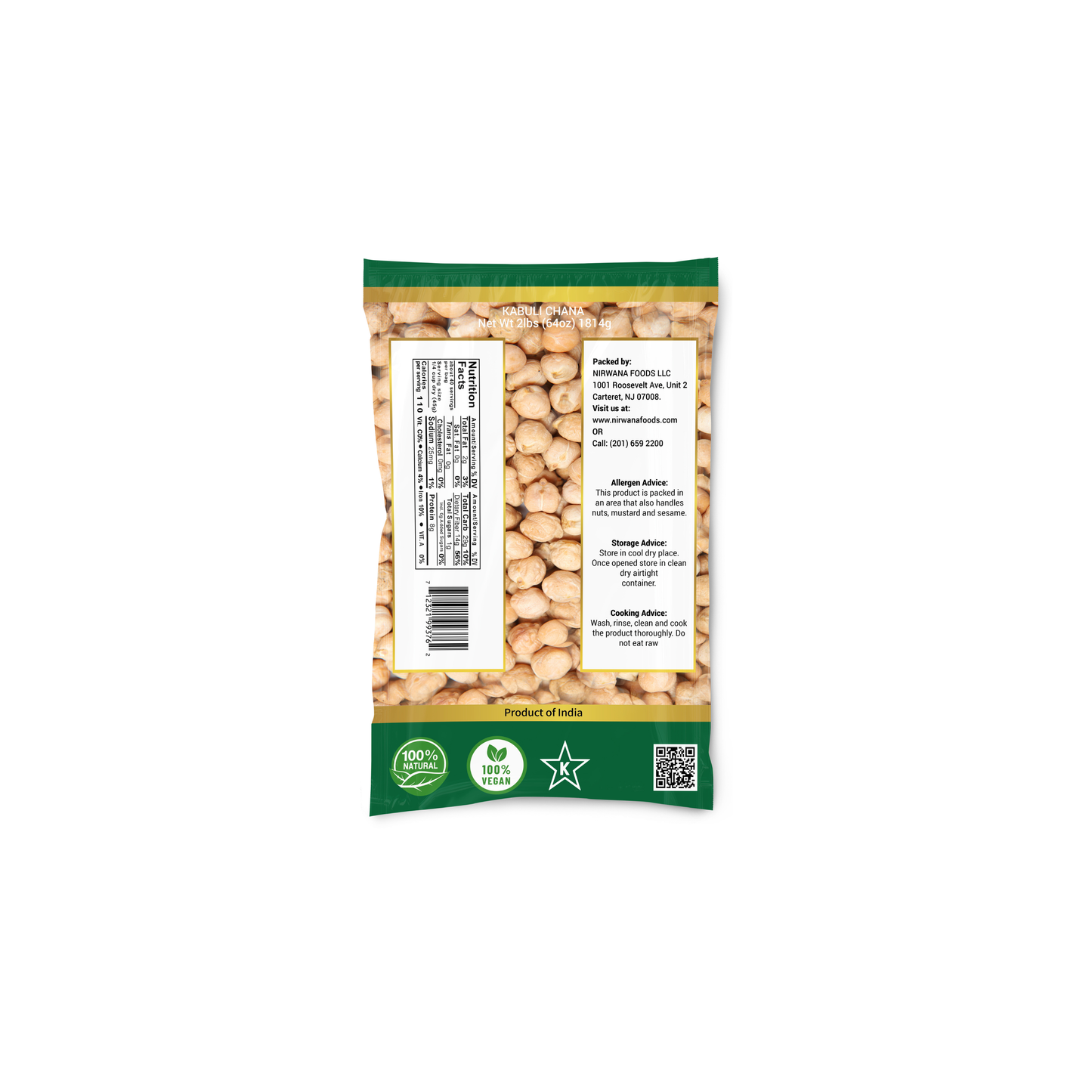 Nirwana White Chickpeas (Kabuli Chana) – 2 lbs Bag | Premium Whole Garbanzo Beans for Curries & Meal Prep