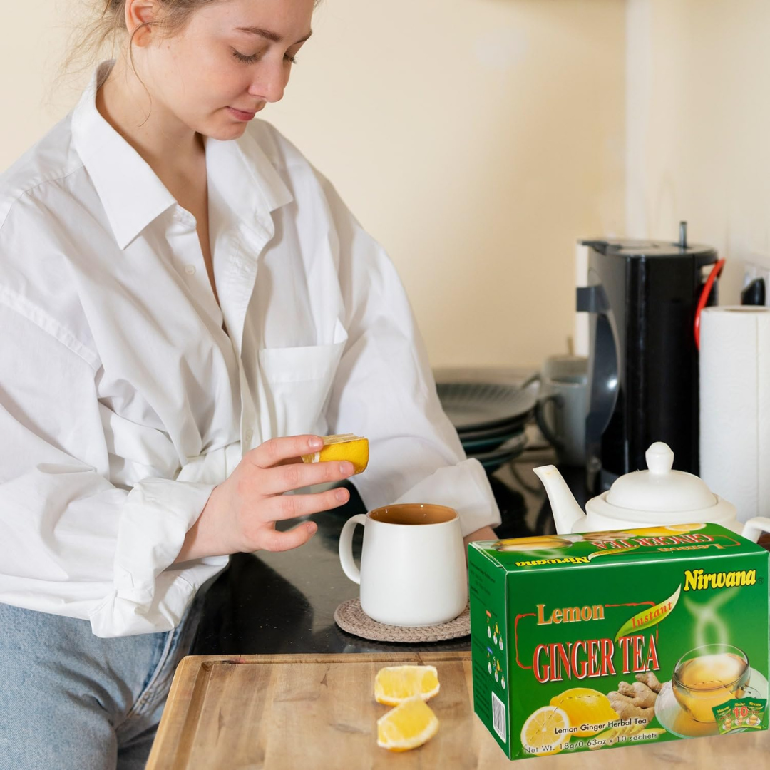Nirwana Herbal Lemon Ginger Tea – 10 Instant Tea Sachets | Immune-Boosting Herbal Drink