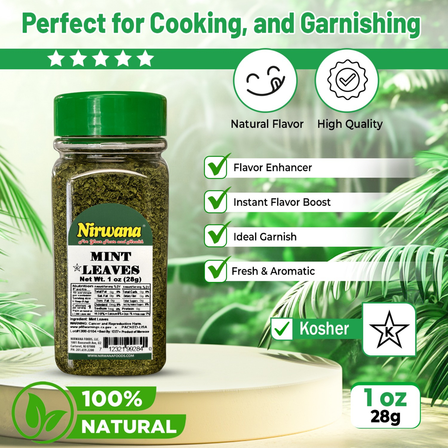 Nirwana Mint Leaves – 1 oz Small Jar | Premium Dried Mint for Cooking, Tea & Spice Blends