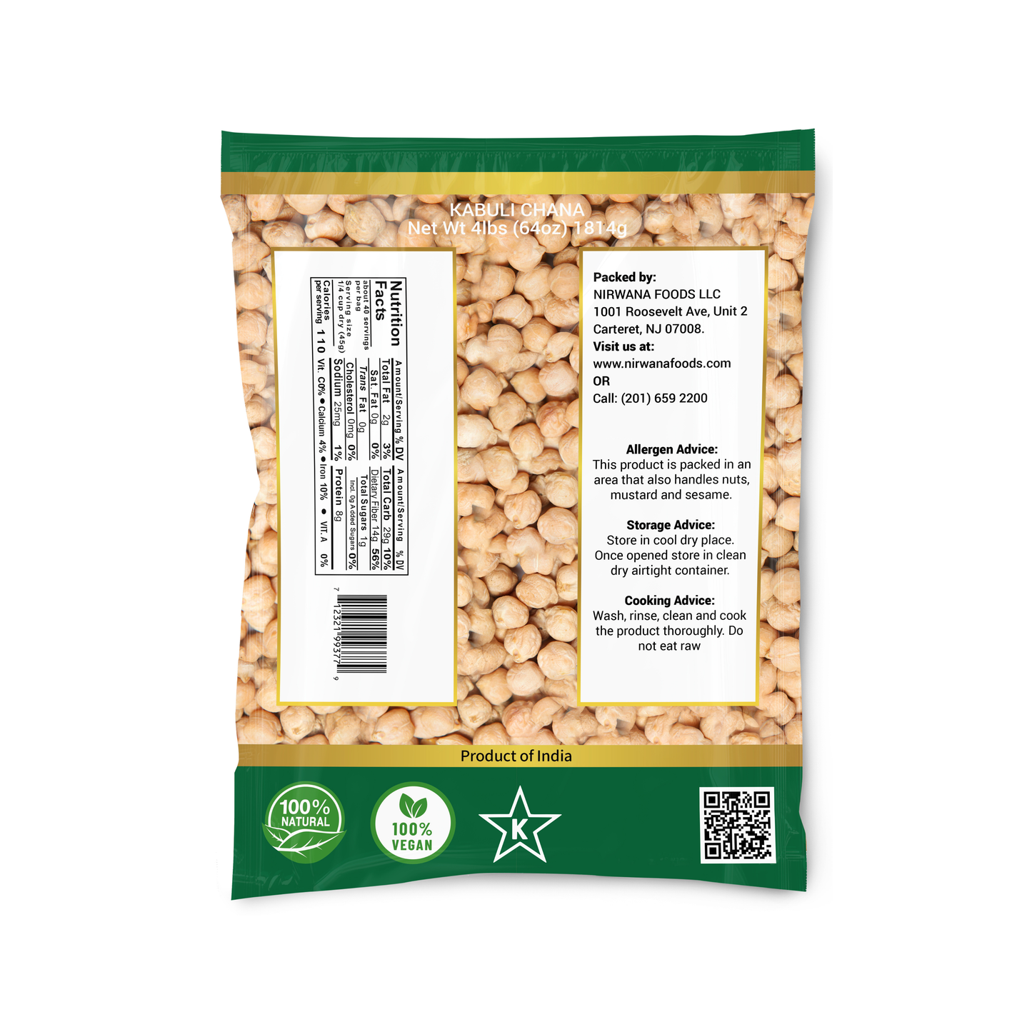 Nirwana White Chickpeas (Kabuli Chana) – 4 lbs Bag | Premium Whole Garbanzo Beans for Curries, Soups & Snacks