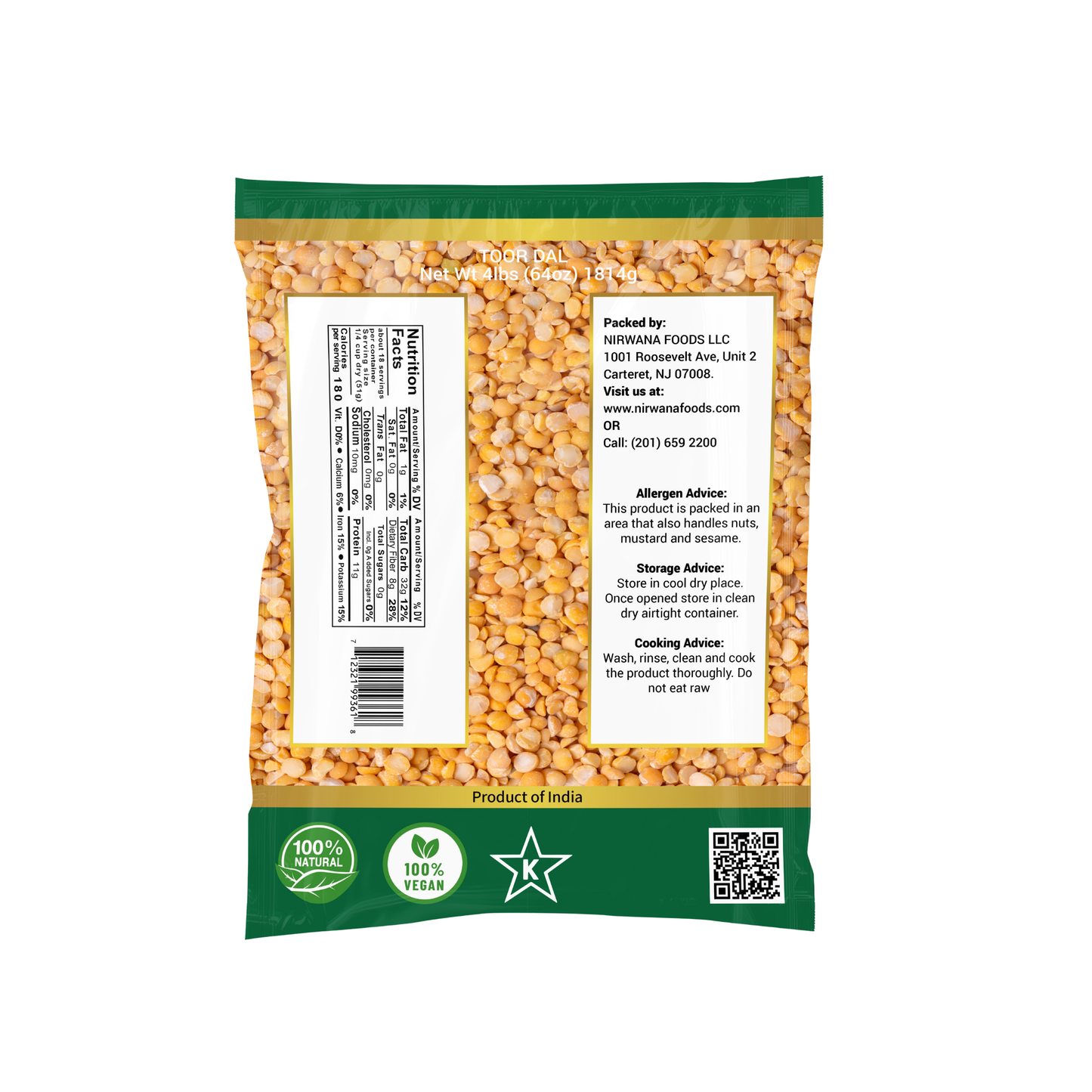 Nirwana Split Pigeon Peas (Toor Dal) – 4 lbs Bag | Premium Yellow Lentils for Curries & Soups