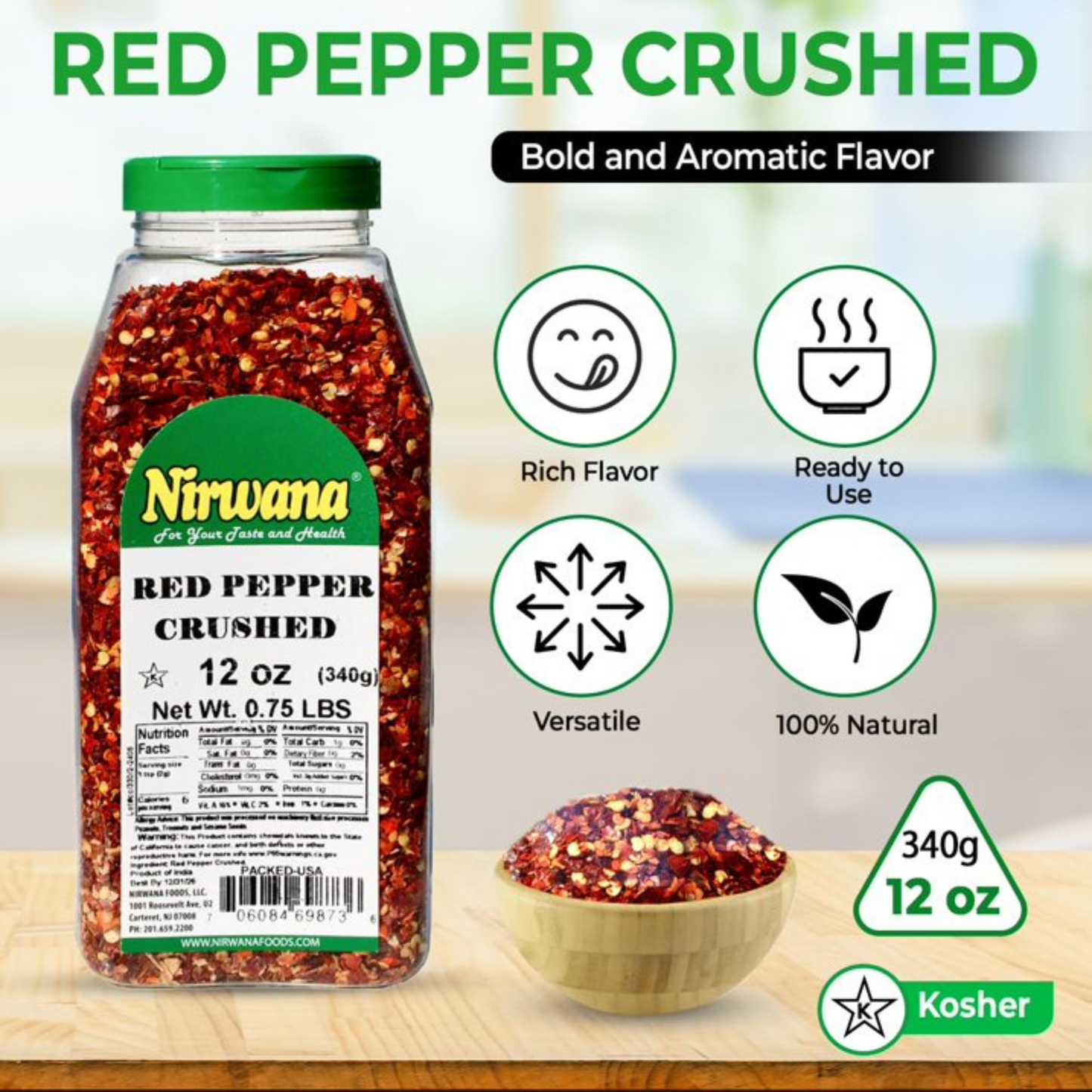 Nirwana Crushed Red Pepper – 12oz Medium Jar | Hot & Flavorful Chili Flakes for Cooking