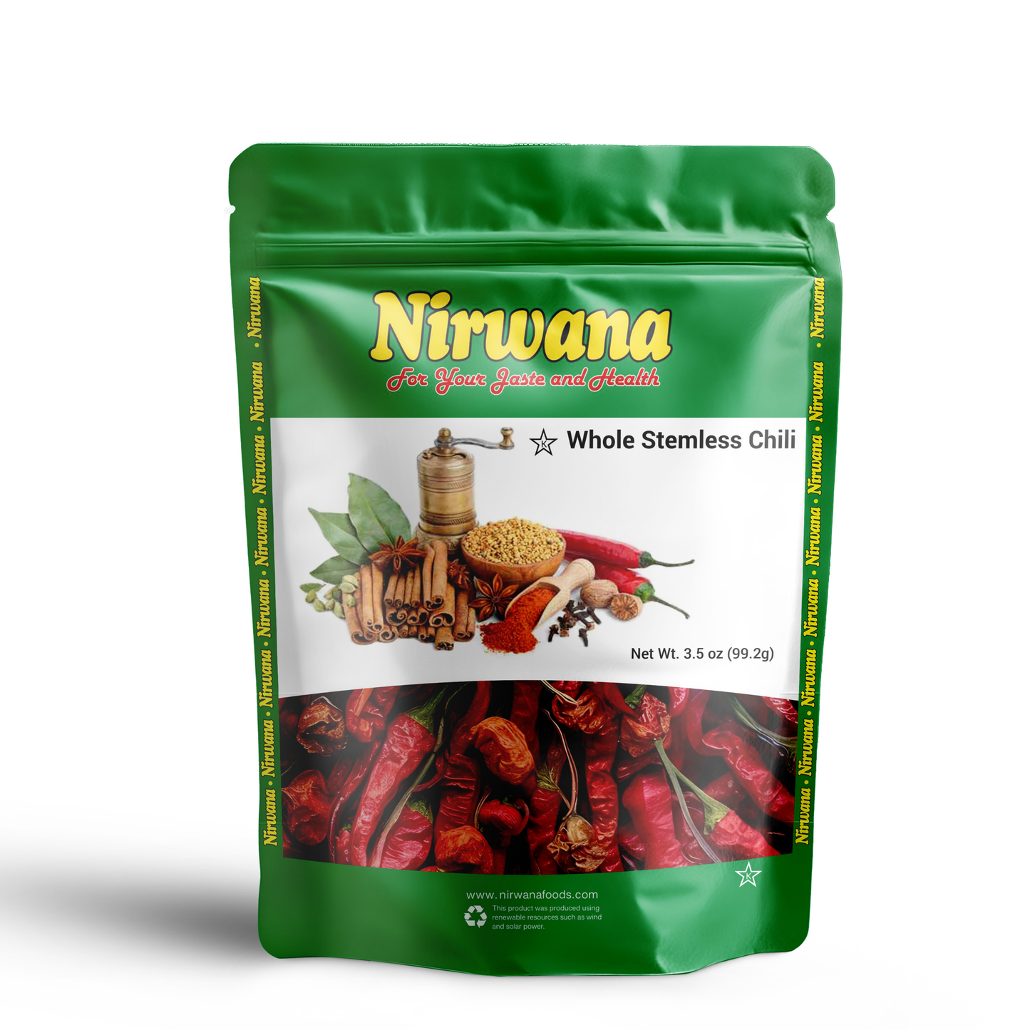 Nirwana Whole Stemless Chili 3.5 oz – Premium Bold & Spicy Whole Chilies, Perfect for Curries, Sauces, Pickles & Spice Blends, Resealable Stand-Up Pouch, All-Natural Gourmet Seasoning
