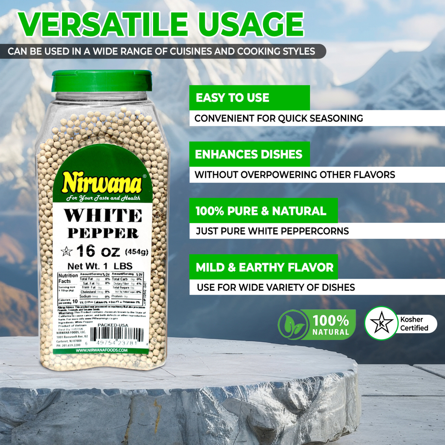 Nirwana White Pepper Whole – 16oz Medium Jar | Premium Whole White Pepper for Cooking & Spice Blends