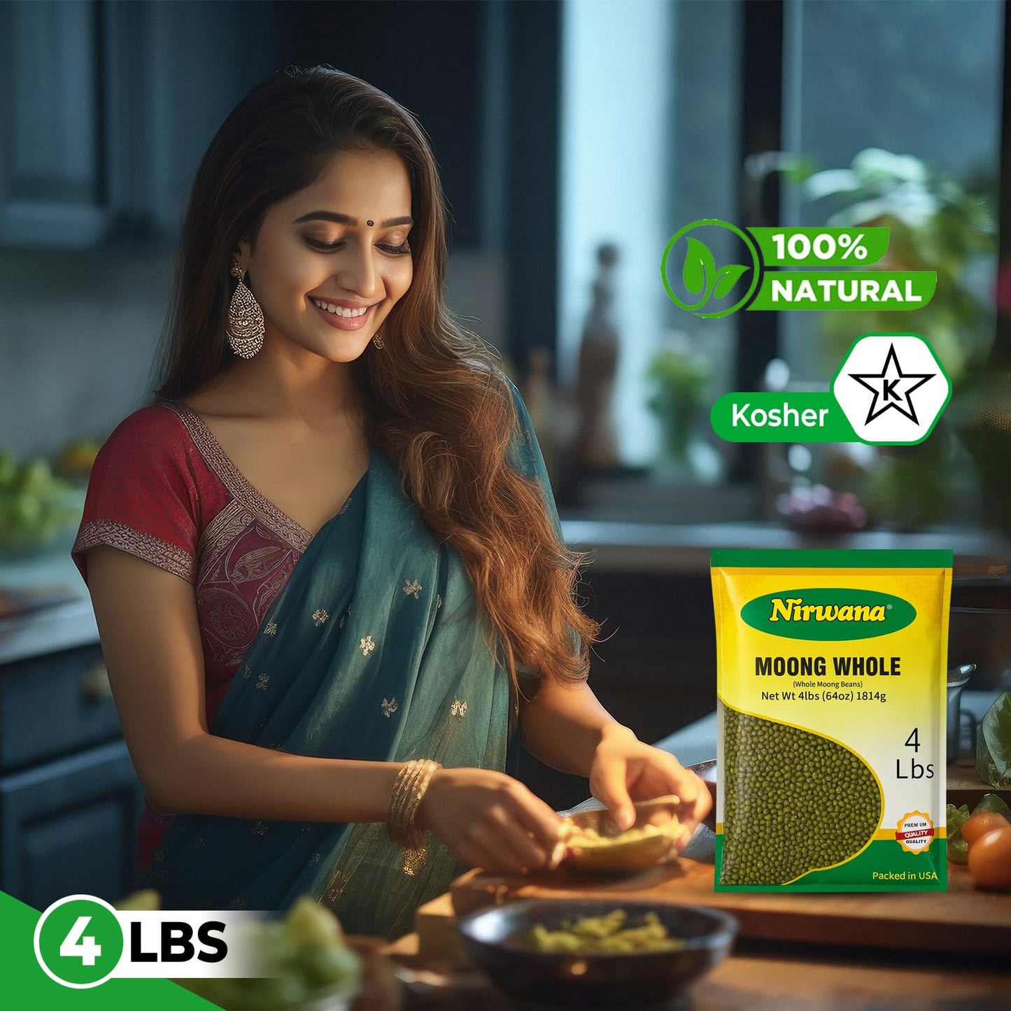 Nirwana Whole Moong Beans (Moong Whole) – 4 lbs Bag | Premium Green Mung Beans for Soups & Curries