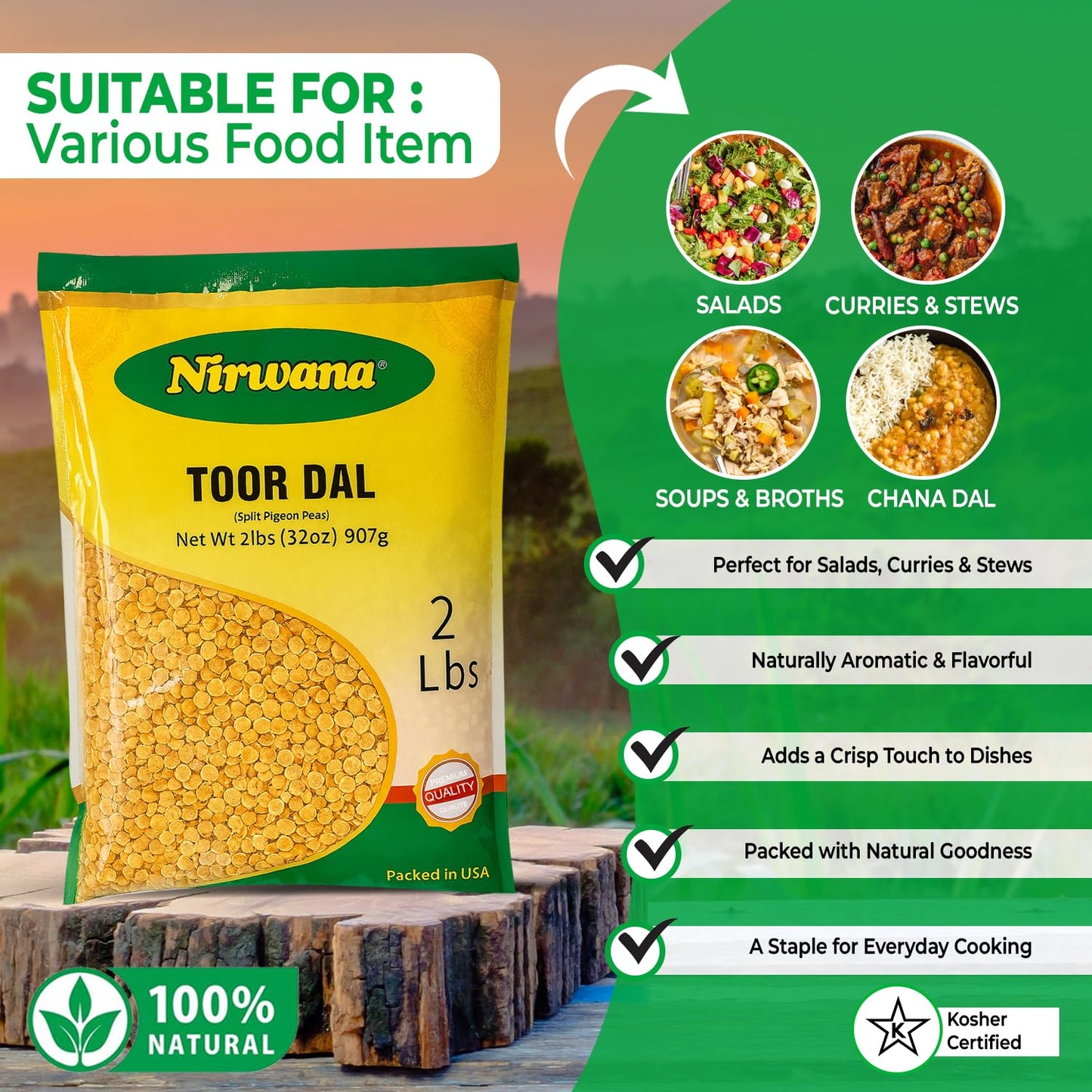 Nirwana Split Pigeon Peas (Toor Dal) – 2 lbs Bag | Premium Yellow Lentils for Curries & Soups