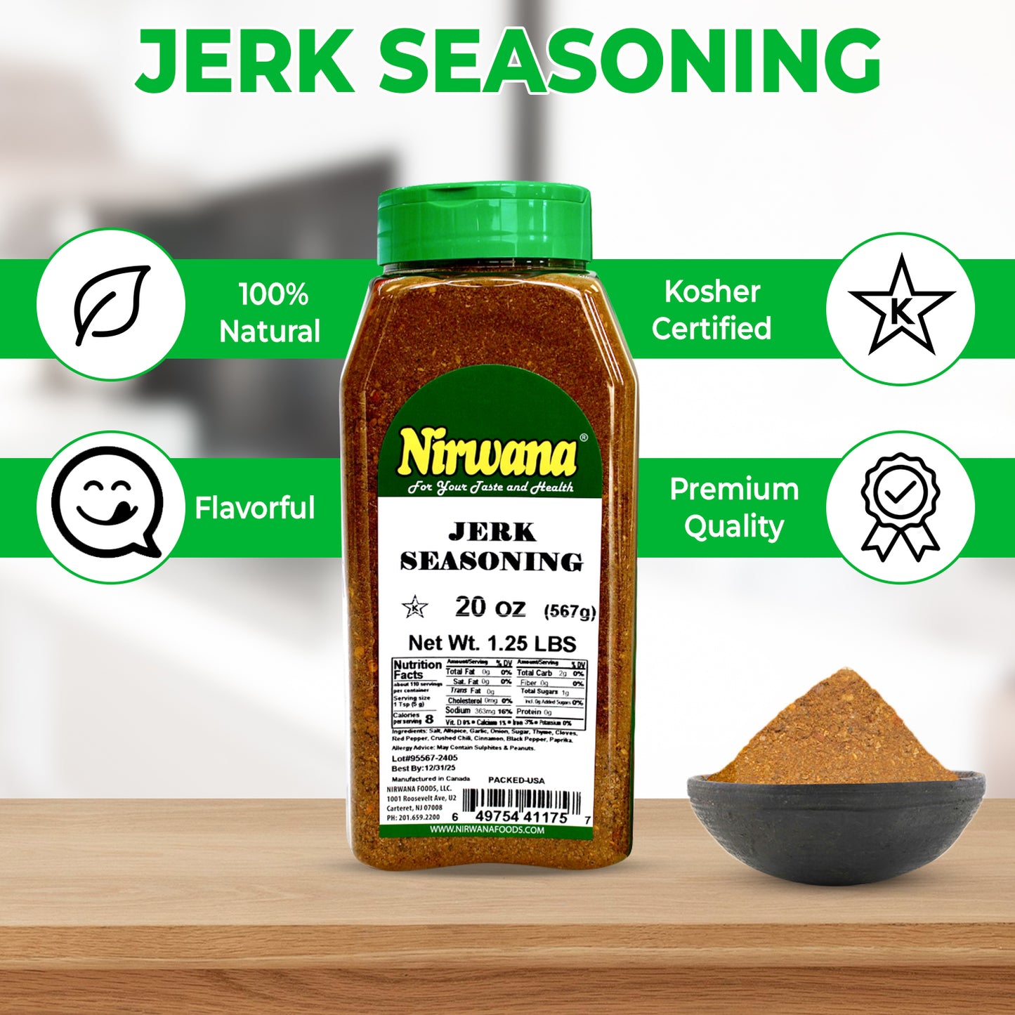 Nirwana Jerk Seasoning – 20oz Medium Jar | Premium Spicy Herb & Spice Blend for Cooking & Grilling