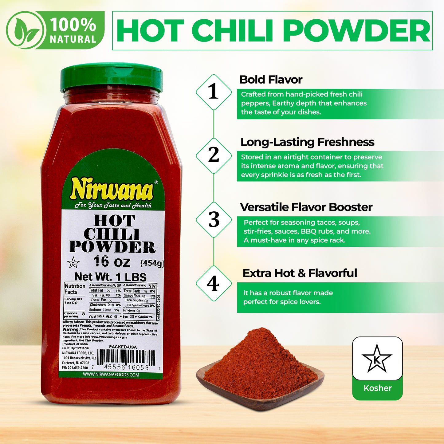 Nirwana Hot Chili Powder – 16oz Medium Jar | Premium Spicy Ground Chili for Cooking & Seasoning