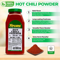 Nirwana Hot Chili Powder – 16oz Medium Jar | Premium Spicy Ground Chili for Cooking & Seasoning