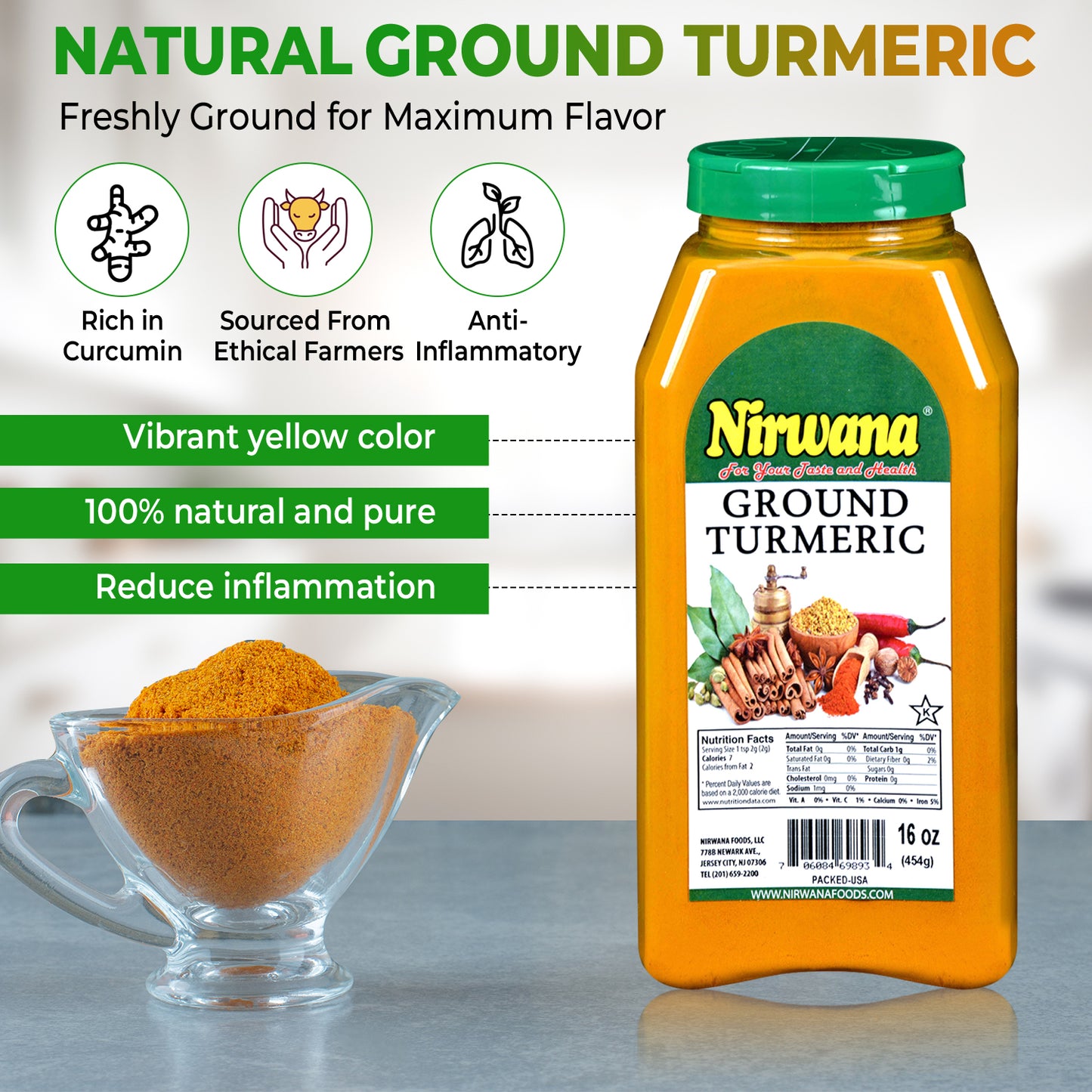 Nirwana Ground Turmeric – 16oz Medium Jar | Premium Aromatic Spice for Cooking & Spice Blends