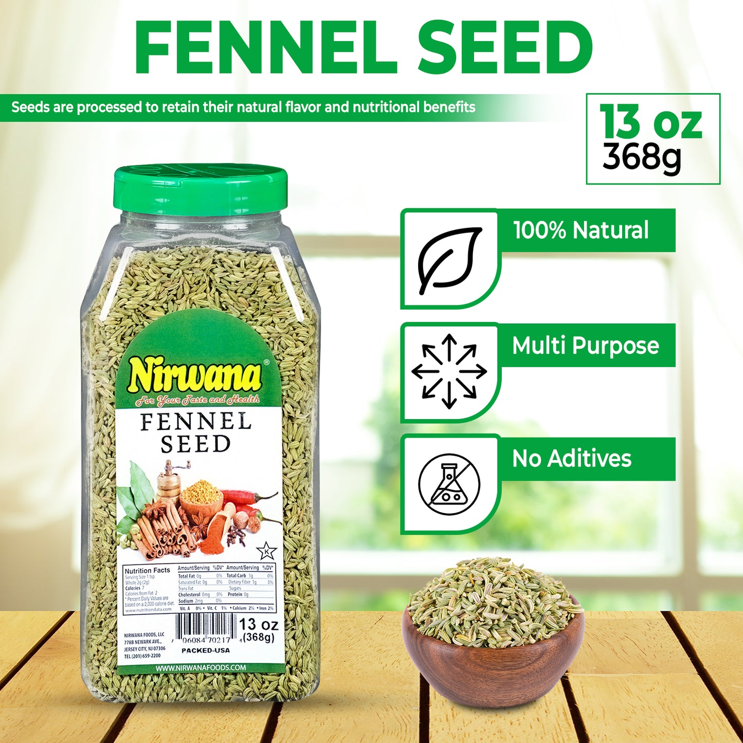 Nirwana Ground Fennel – 13oz Medium Jar | Premium Aromatic Spice for Cooking & Spice Blends
