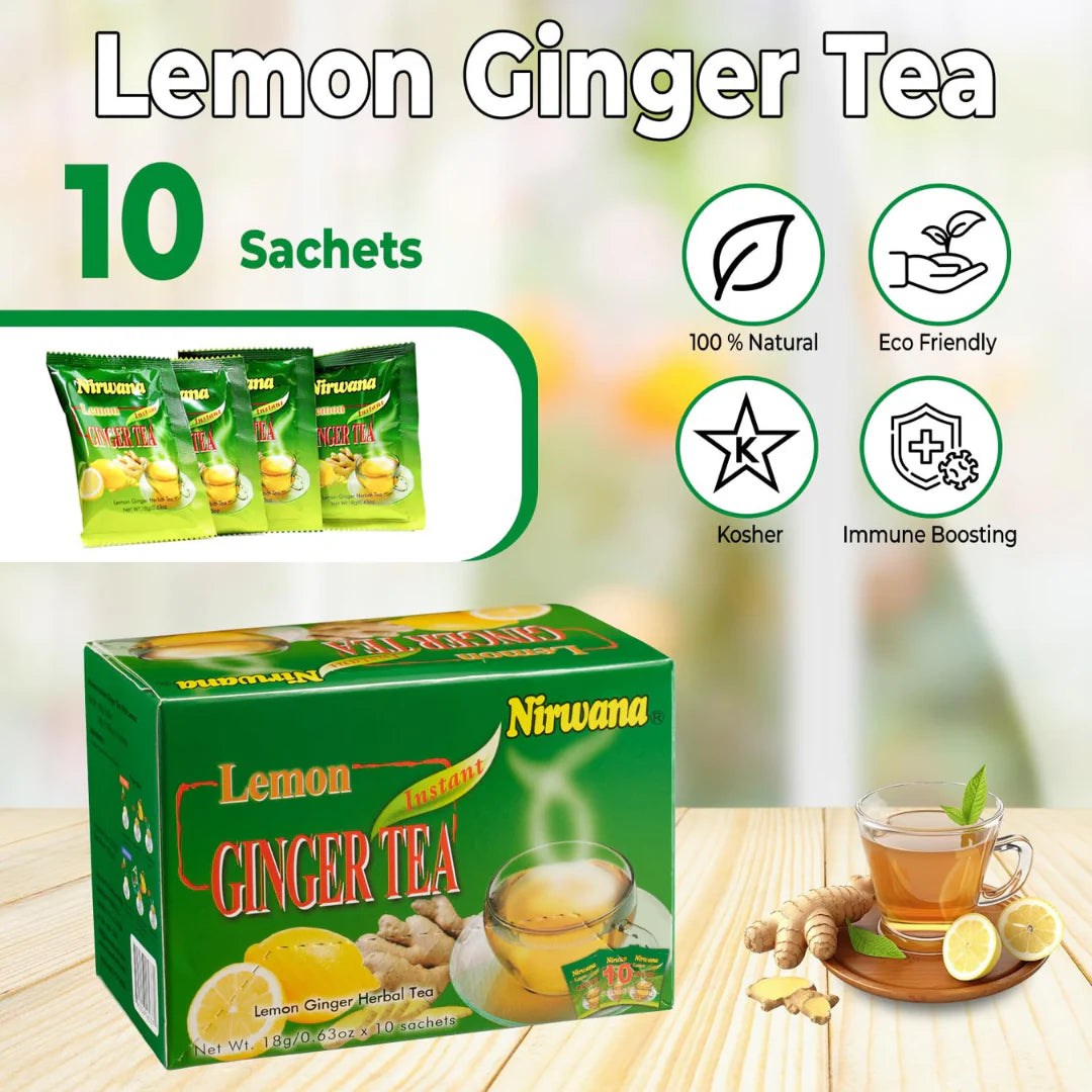 Nirwana Lemon Ginger Tea – Instant Tea Blend (10 & 20 Sachets) | Herbal Immunity Drink