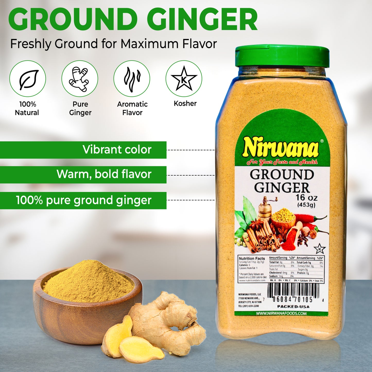 Nirwana Ground Ginger – 16oz Medium Jar | Premium Aromatic Spice for Cooking & Spice Blends