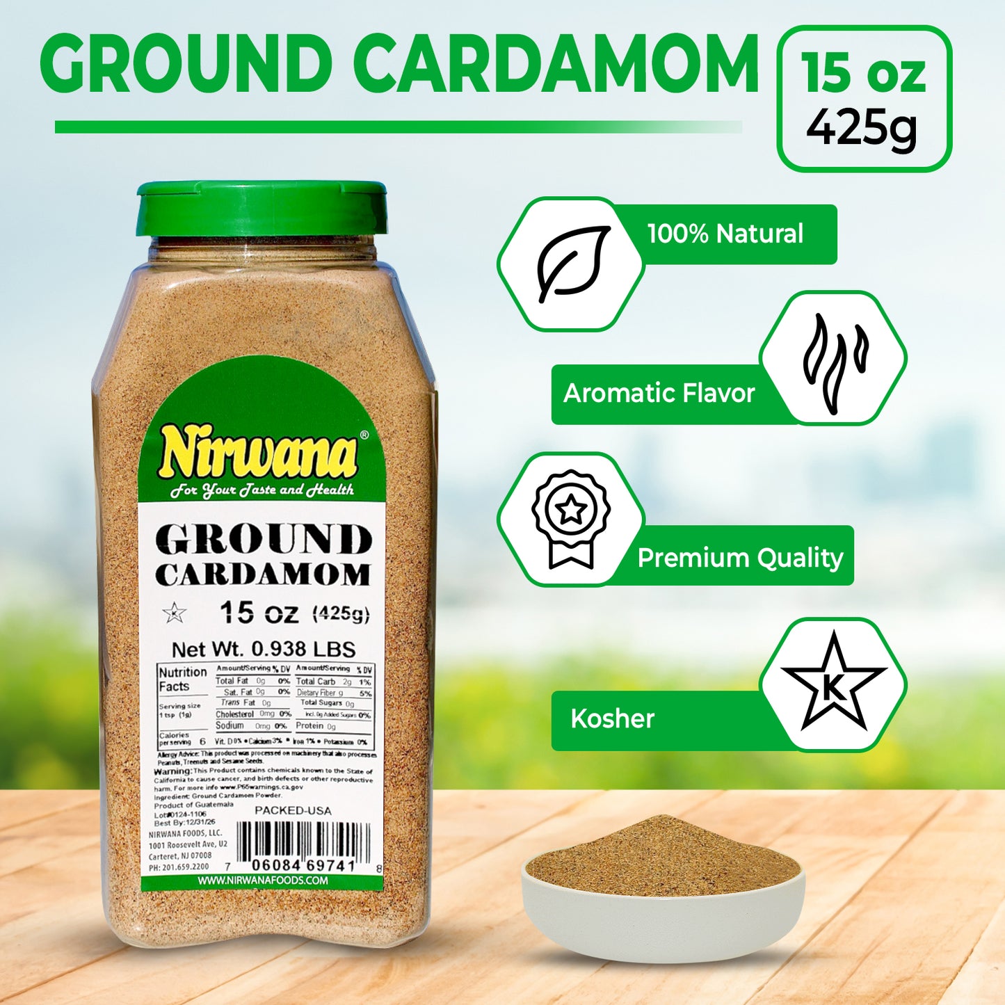 Nirwana Ground Green Cardamom – 15 oz Medium Jar | Premium Spice for Cooking & Blends