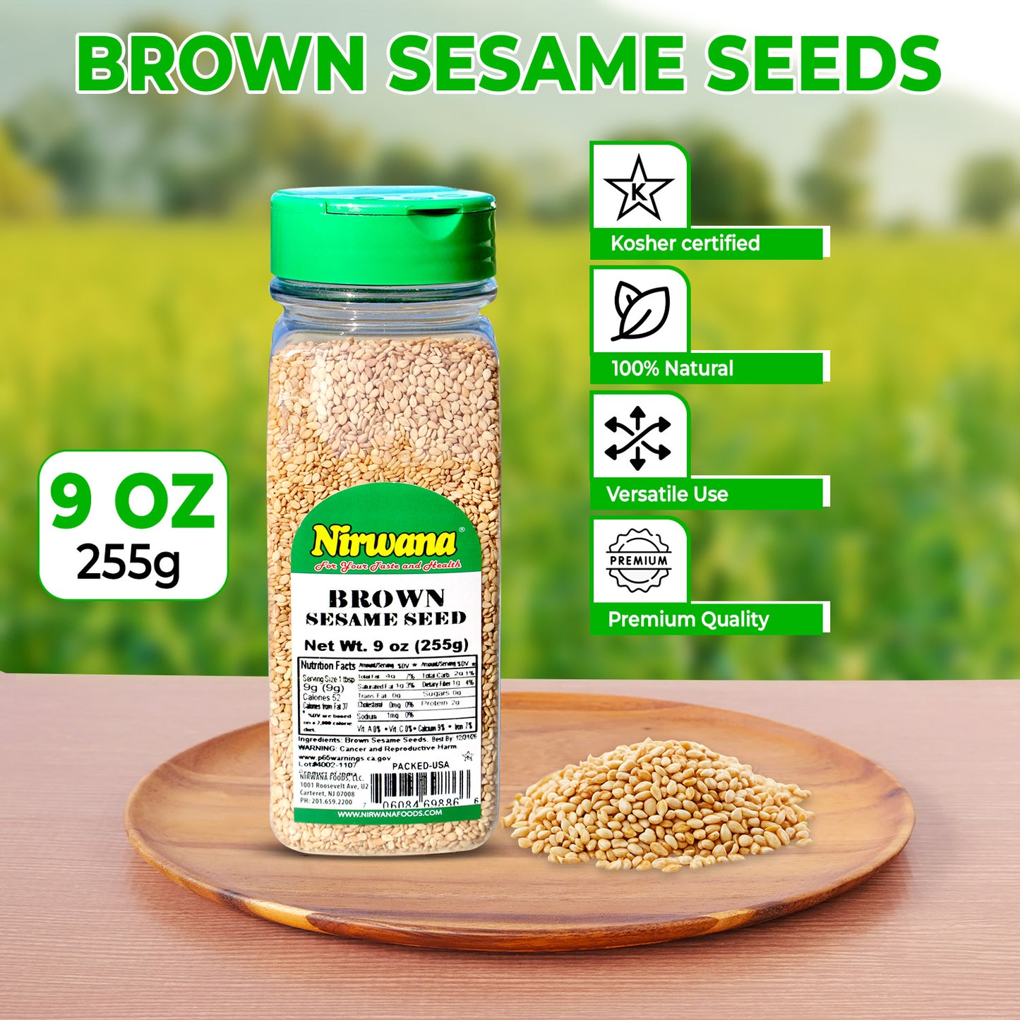 Nirwana Brown Sesame Seeds – 9oz Small Jar | Premium Whole Sesame Seeds for Cooking & Baking