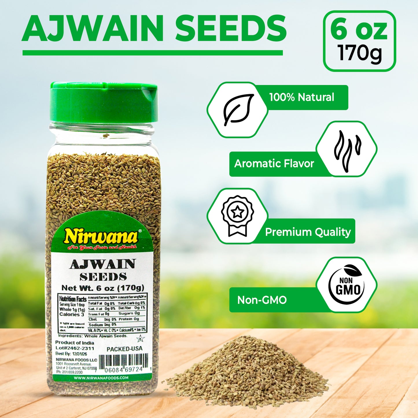 Nirwana Ajwain Seeds – 6oz Small Jar | Premium Whole Ajwain for Cooking & Spice Blends