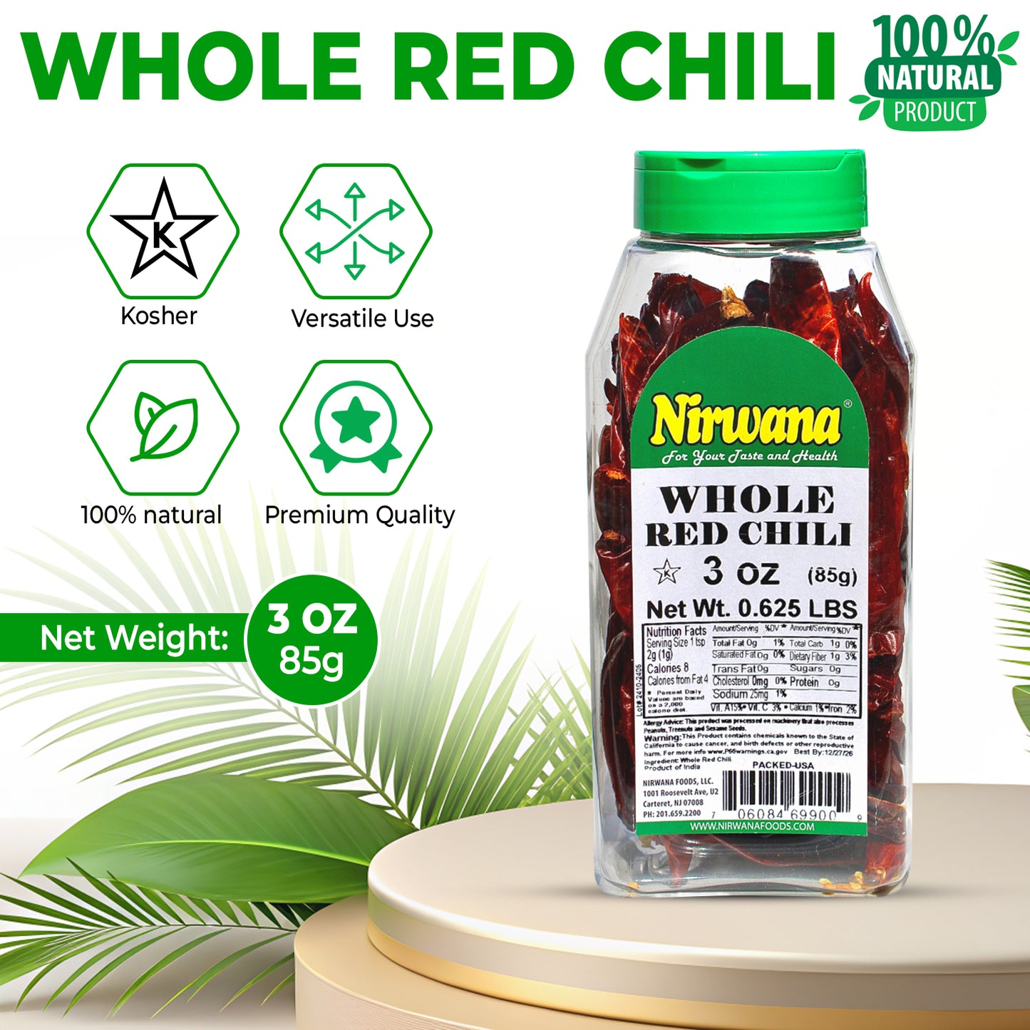Nirwana Whole Red Chili – 3 oz (85 g) Medium Jar | Premium Whole Chili for Cooking & Spice Blends