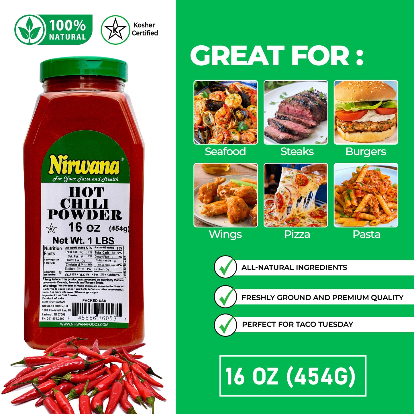 Nirwana Hot Chili Powder – 16oz Medium Jar | Premium Spicy Ground Chili for Cooking & Seasoning