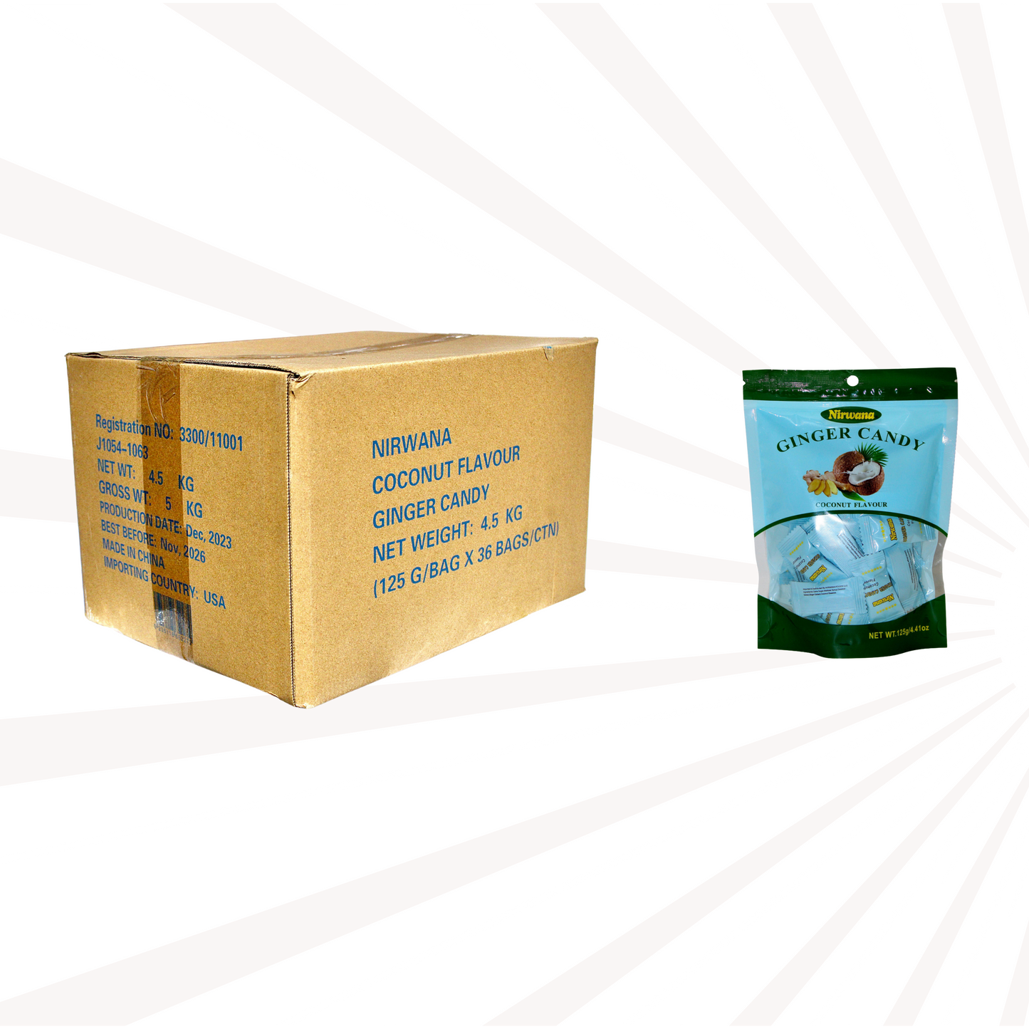 Master Case – Nirwana Ginger Candy – Original, Chewy Sweet & Spicy & Coconut Flavors – Individually Wrapped for Freshness – Bulk Natural Candy for Travel and Everyday Enjoyment 125g/4.02oz Each