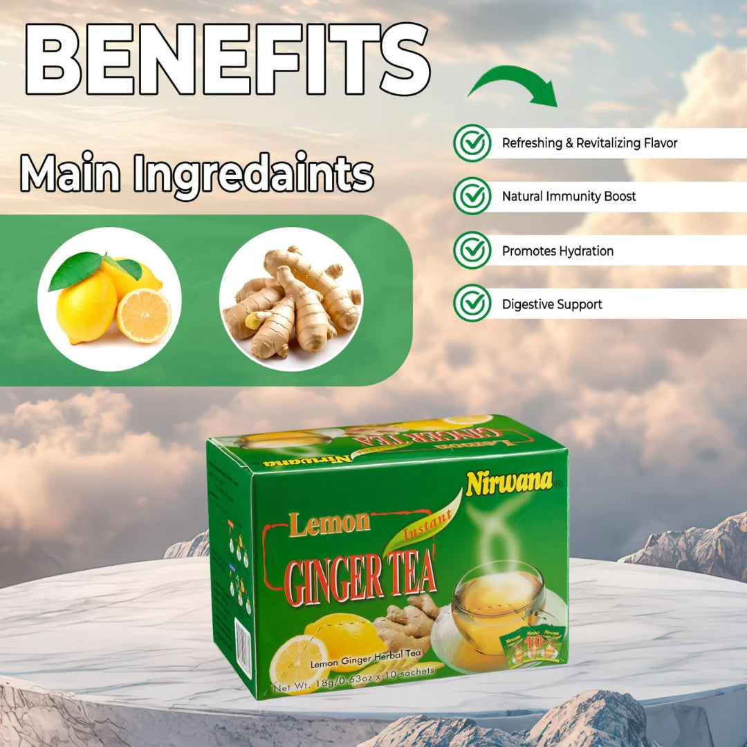 Nirwana Lemon Ginger Tea – Instant Tea Blend (10 & 20 Sachets) | Herbal Immunity Drink