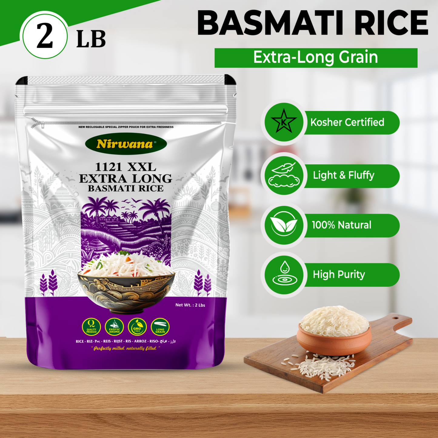 Nirwana – Naturally Aged Authentic Long Grain White Basmati Rice – 2 lbs Pouch