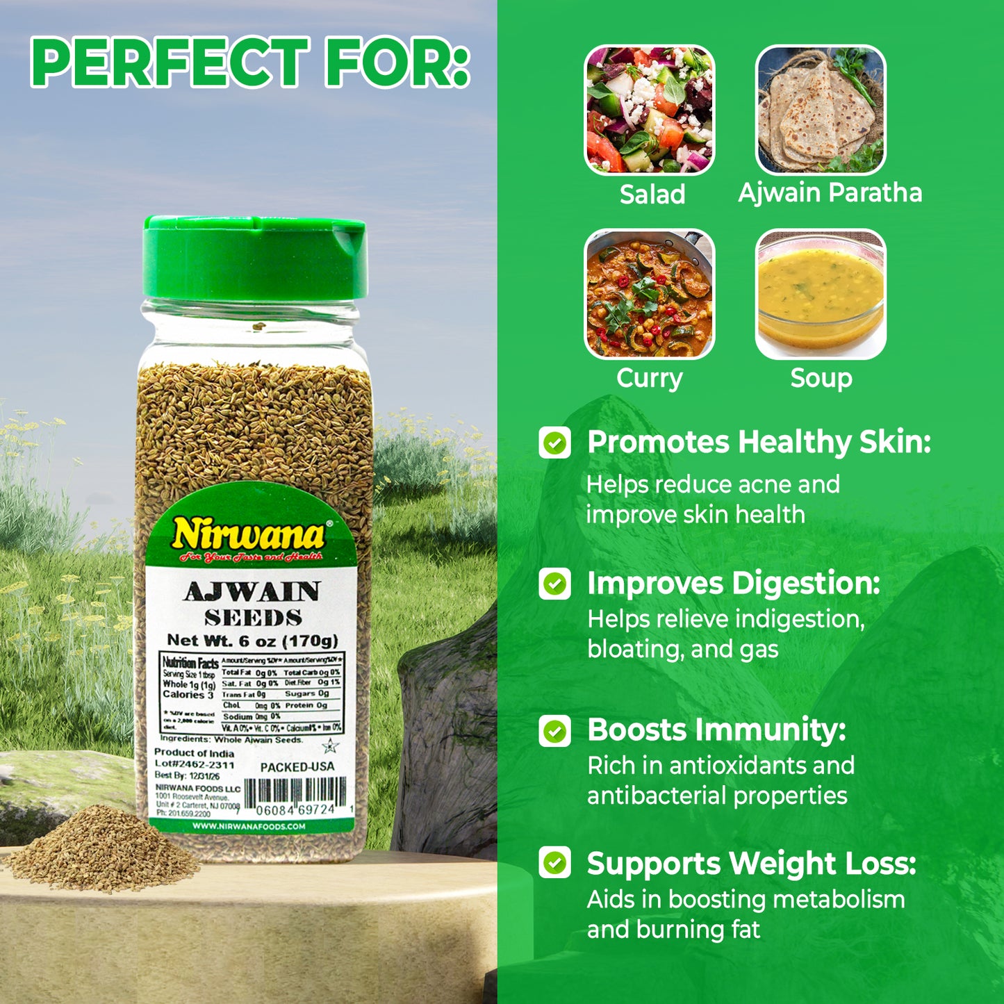 Nirwana Ajwain Seeds – 6oz Small Jar | Premium Whole Ajwain for Cooking & Spice Blends