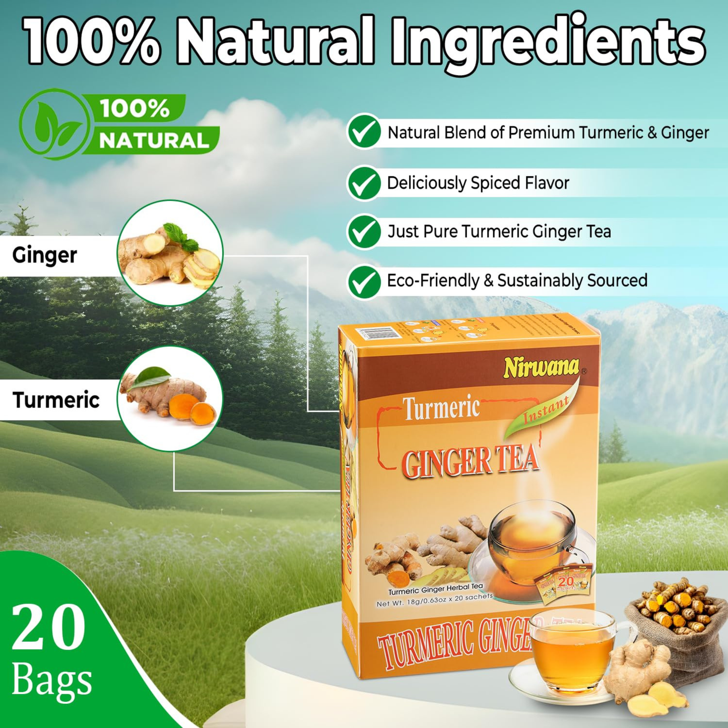 Nirwana Turmeric Ginger Tea – 20 Instant Tea Sachets | Immunity & Wellness Herbal Drink