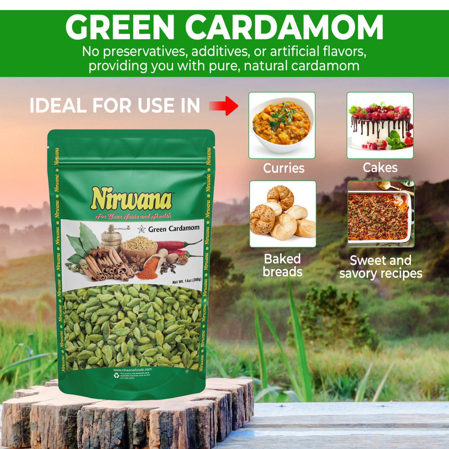 Nirwana Premium Green Cardamom Pods – 14oz Resealable Pouch | Fresh, Aromatic Spice for Chai, Curries & Baking