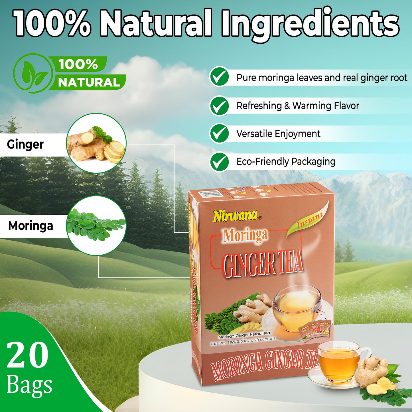 Nirwana Moringa Ginger Tea – 20 Instant Tea Sachets | Herbal Wellness Blend with Spices & Botanicals