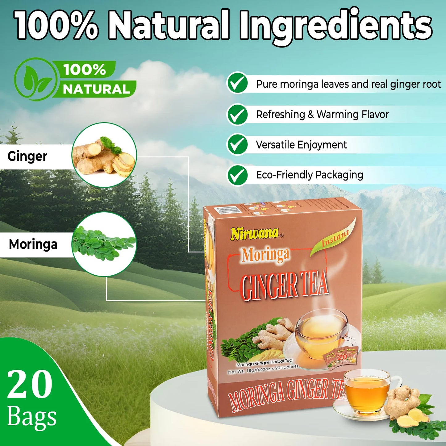 Nirwana Moringa Ginger Tea – Instant Herbal Tea Blend (10 & 20 Sachets) – Herbal Blend with Spices & Botanicals – Refreshing Loose Leaf & Tea Bags for Daily Wellness
