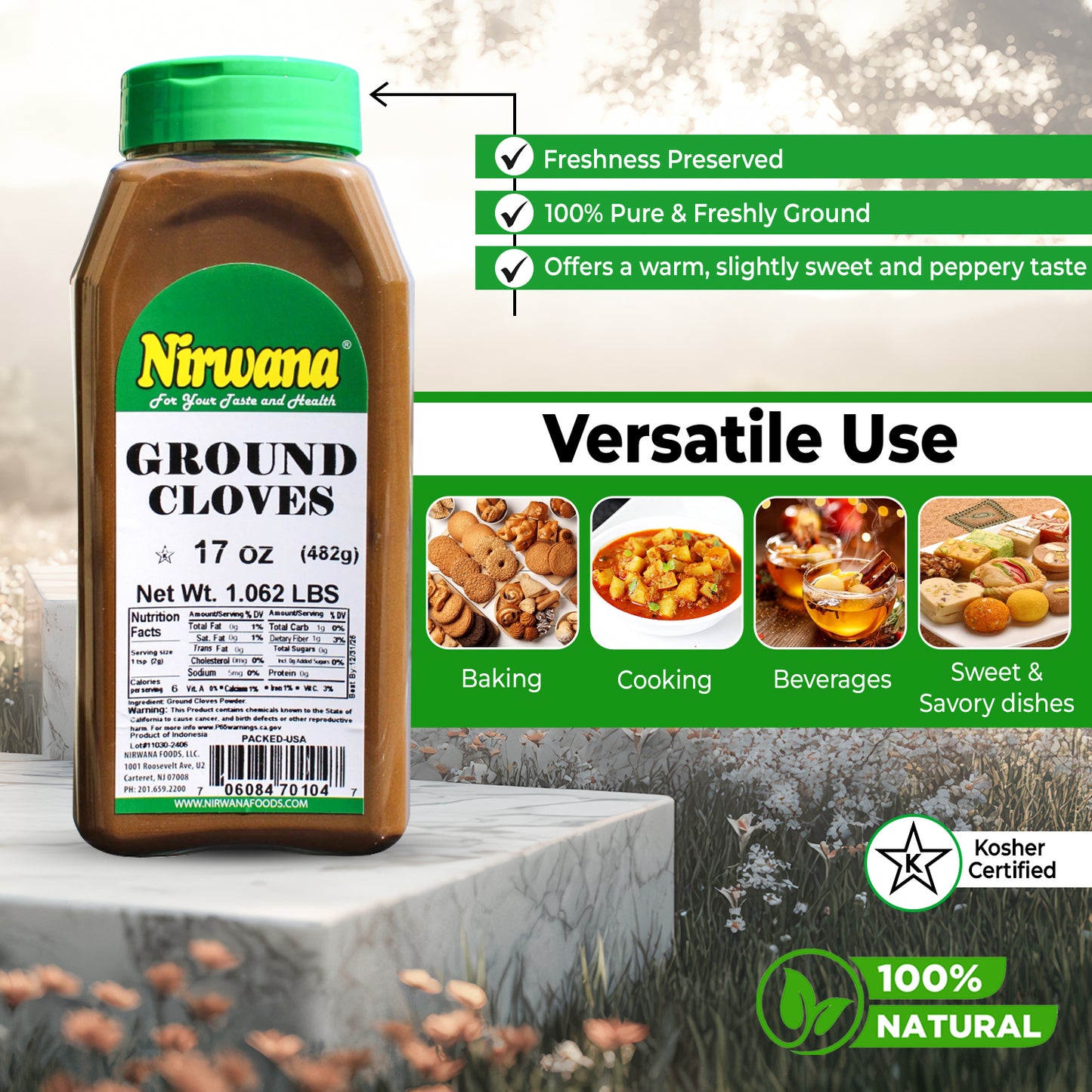 Nirwana Ground Cloves – 17oz Medium Jar | Luang • Clavo | Premium Aromatic Ground Cloves for Cooking, Baking & Spice Blends