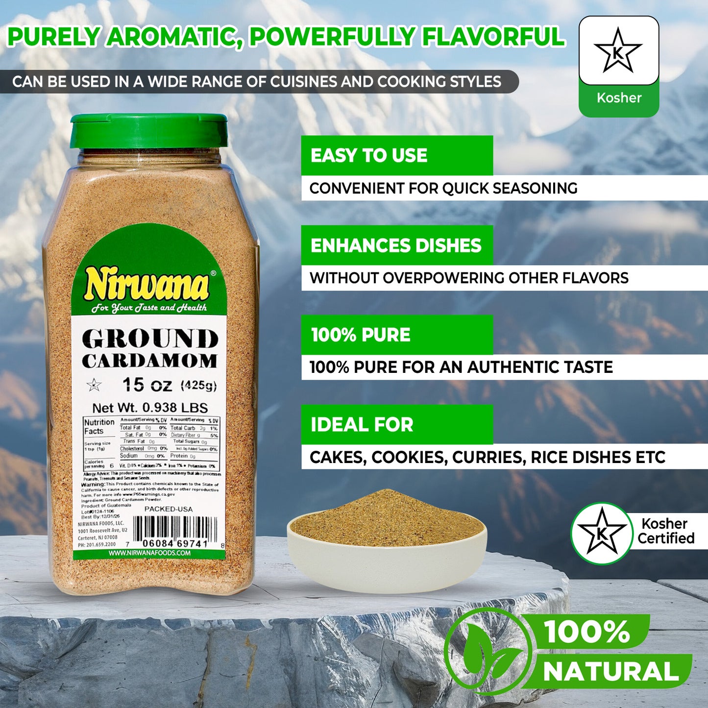 Nirwana Ground Green Cardamom – 15 oz Medium Jar | Premium Spice for Cooking & Blends