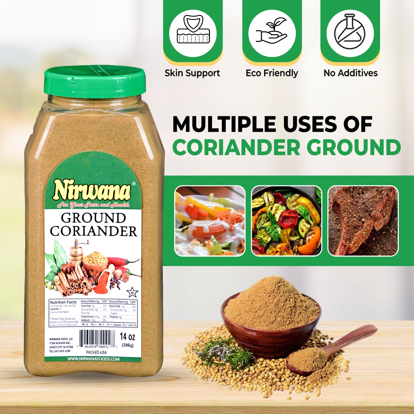 Nirwana Ground Coriander – 14oz Medium Jar | Premium Aromatic Spice for Cooking & Spice Blends