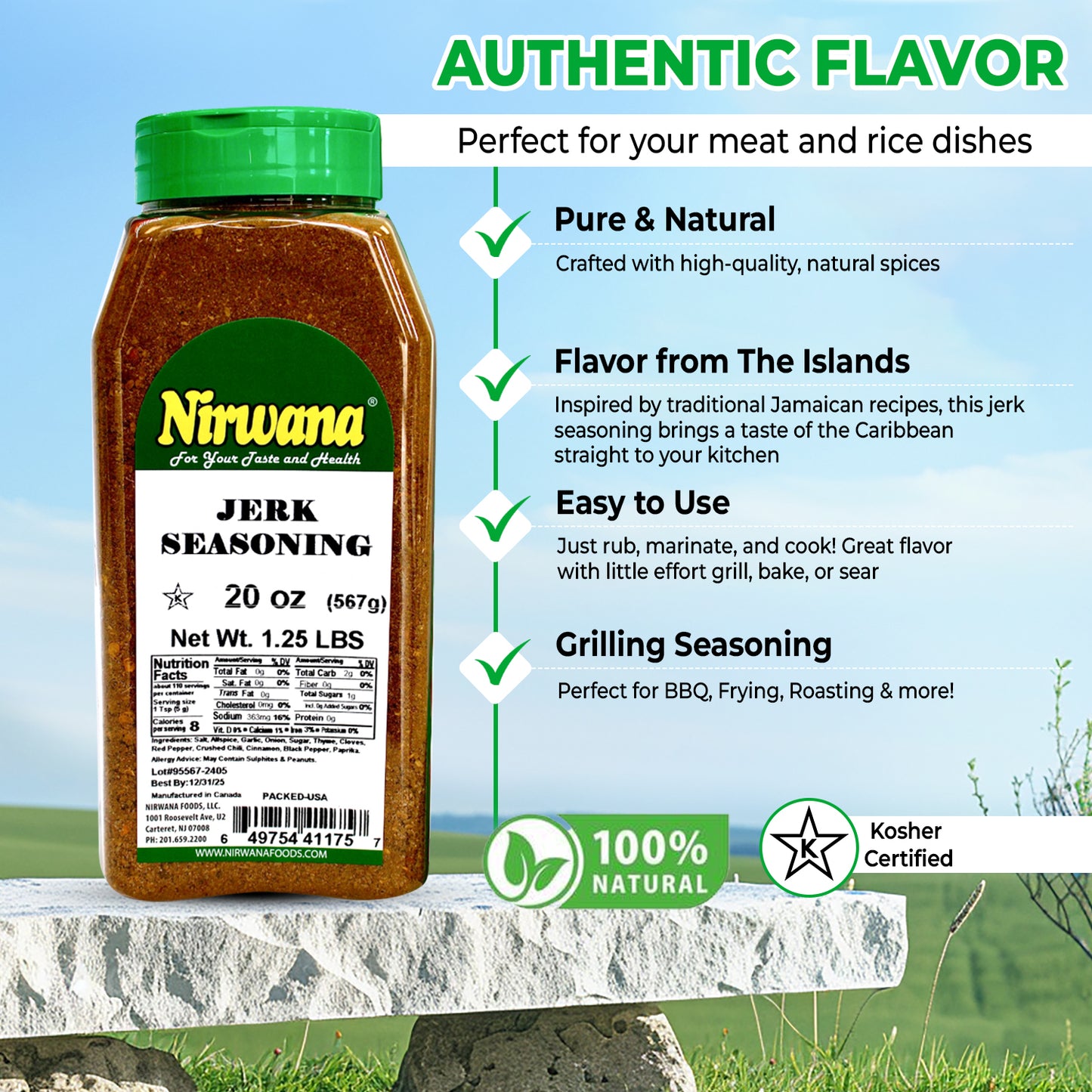 Nirwana Jerk Seasoning – 20oz Medium Jar | Premium Spicy Herb & Spice Blend for Cooking & Grilling