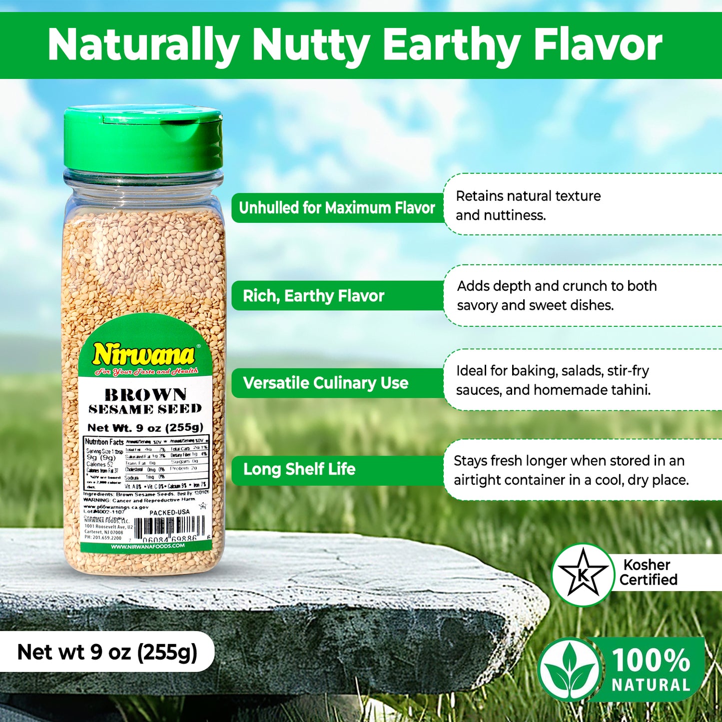 Nirwana Brown Sesame Seeds – 9oz Small Jar | Premium Whole Sesame Seeds for Cooking & Baking