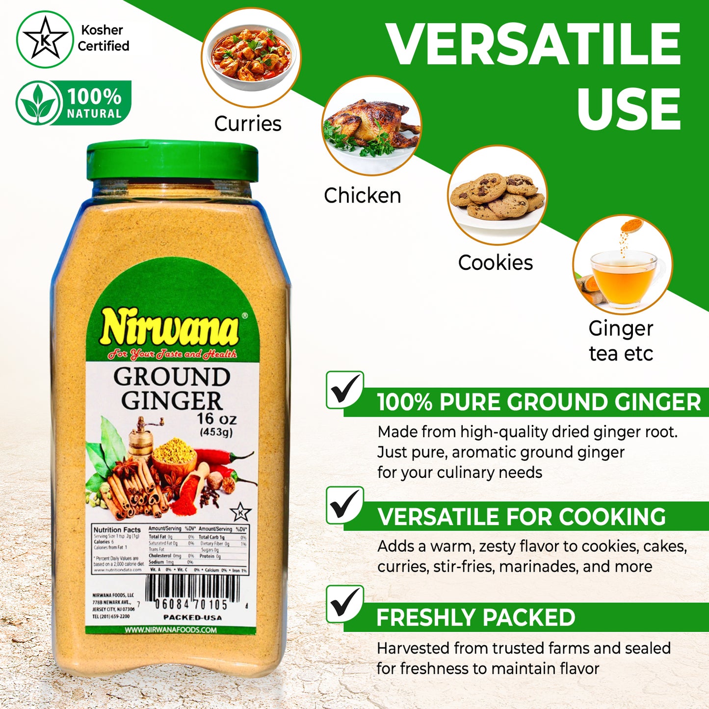 Nirwana Ground Ginger – 16oz Medium Jar | Premium Aromatic Spice for Cooking & Spice Blends