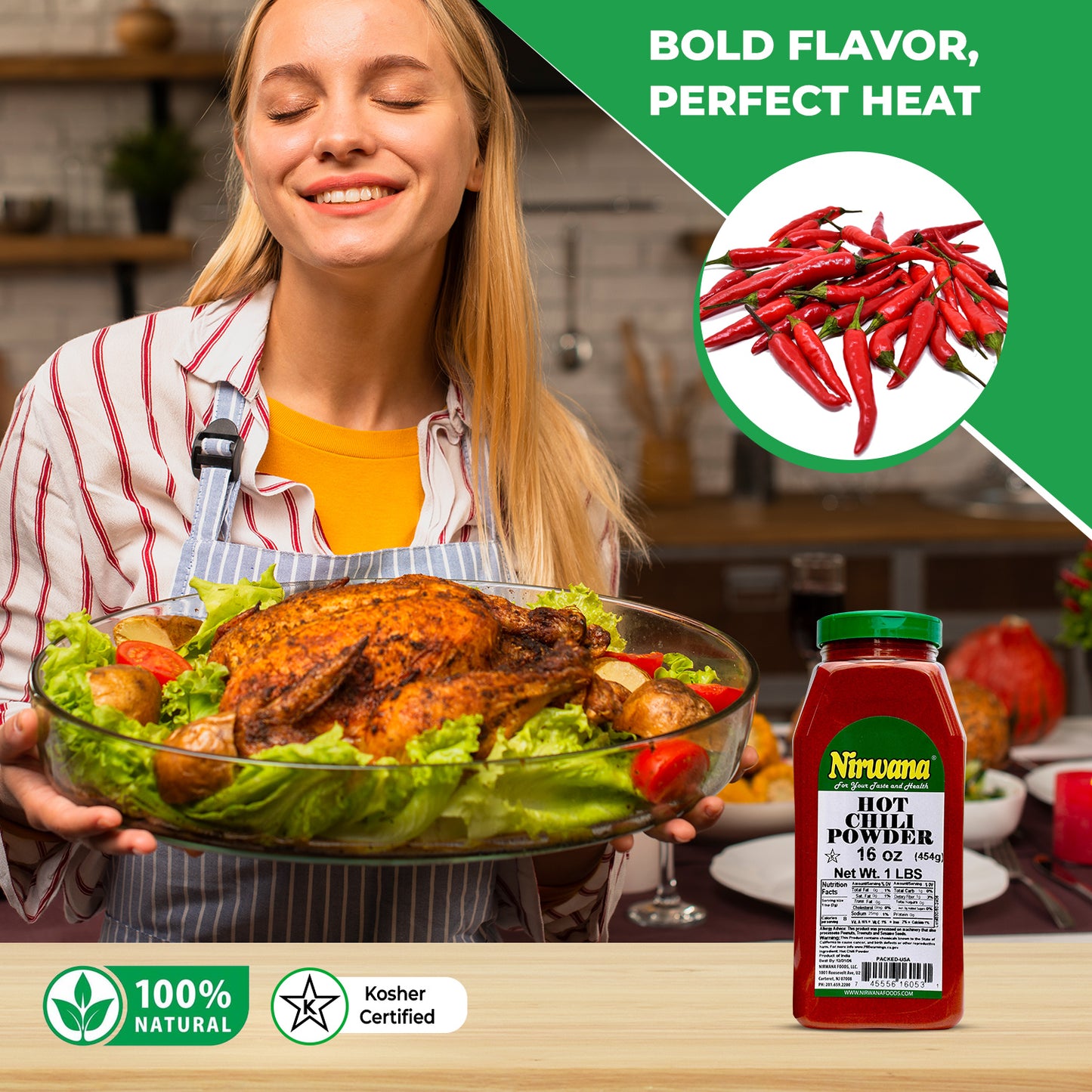 Nirwana Hot Chili Powder – 16oz Medium Jar | Premium Spicy Ground Chili for Cooking & Seasoning