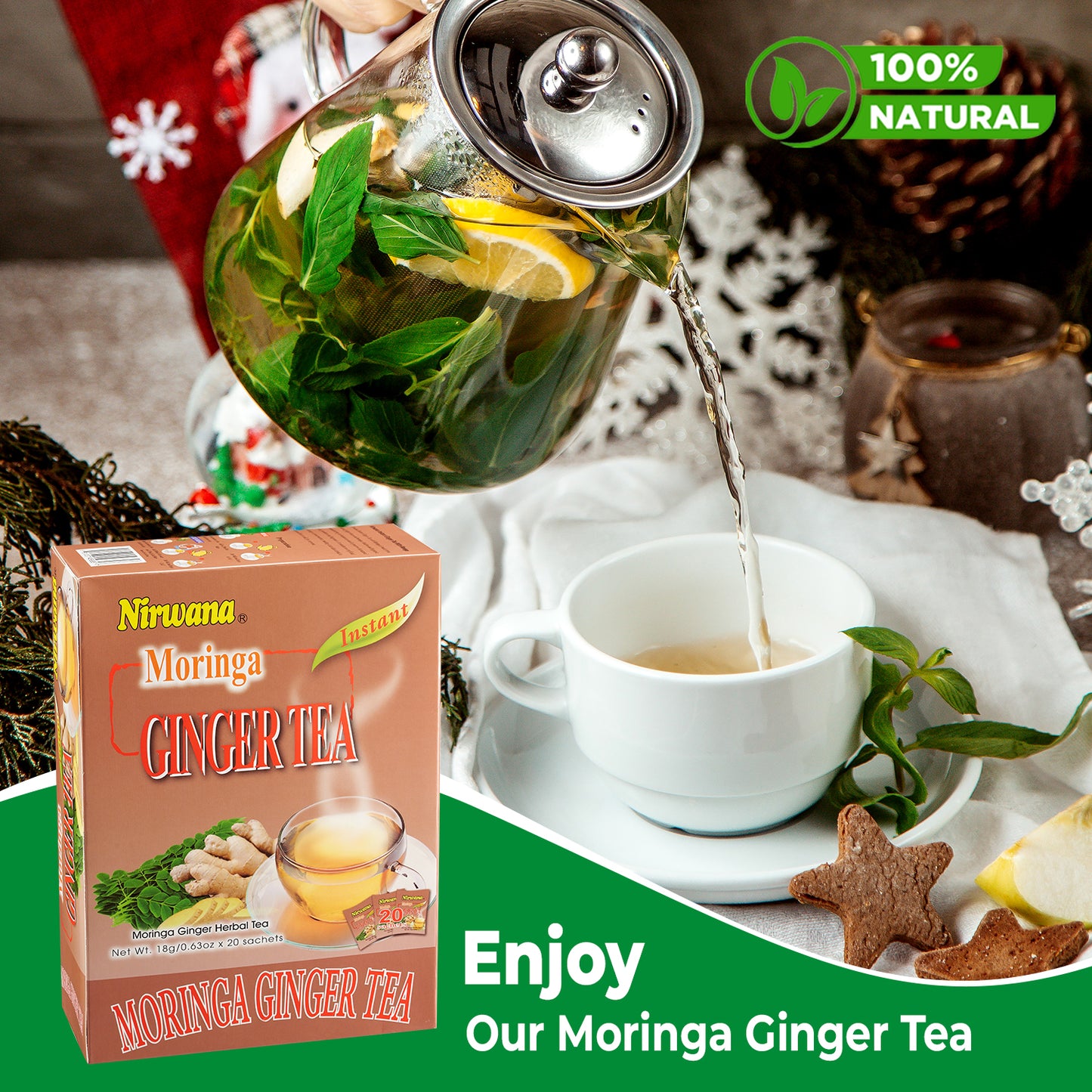 Nirwana Moringa Ginger Tea – 20 Instant Tea Sachets | Herbal Wellness Blend with Spices & Botanicals