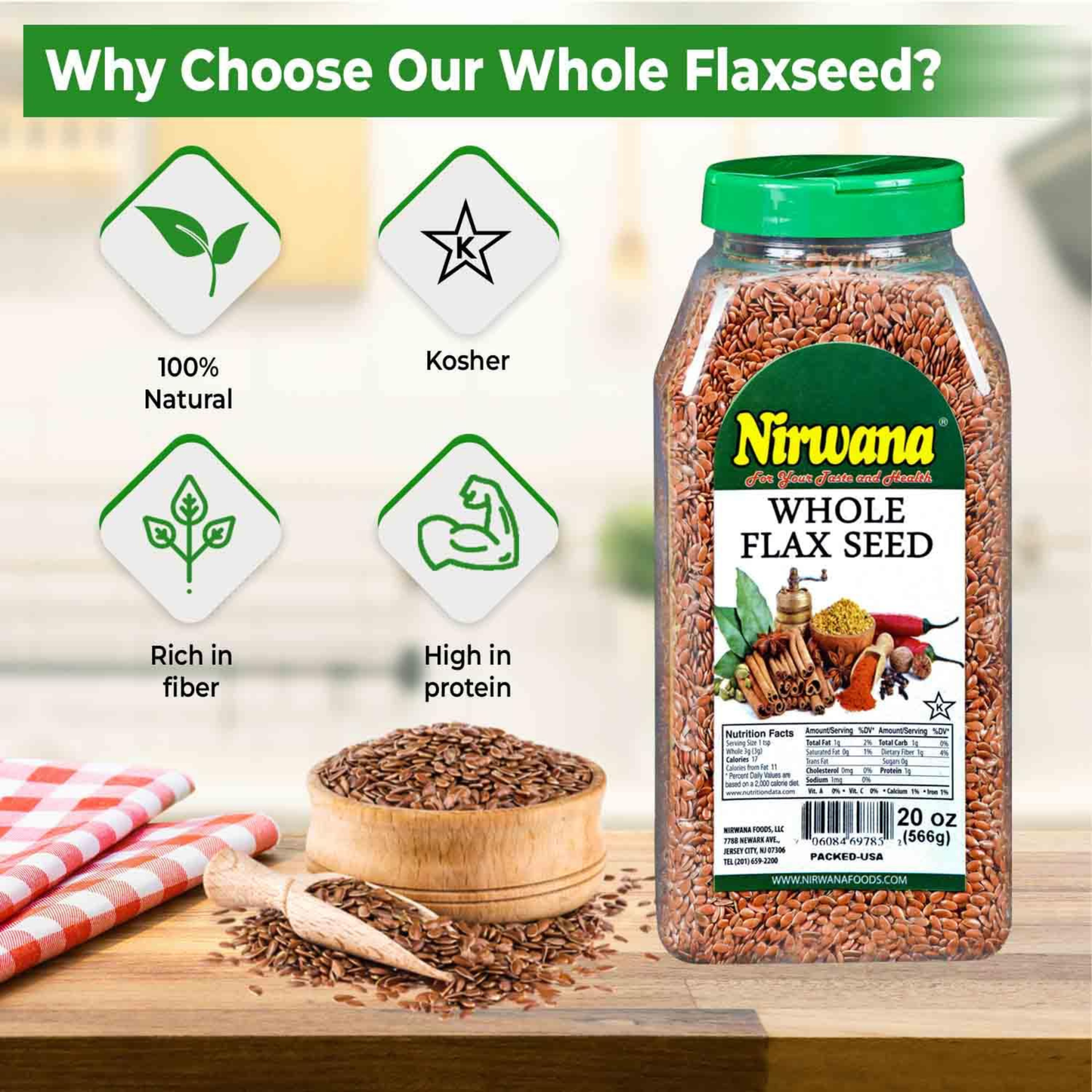 Nirwana Whole Flaxseed – 20oz | Premium Nutritious Flax Seeds for Cooking, Baking & Smoothies