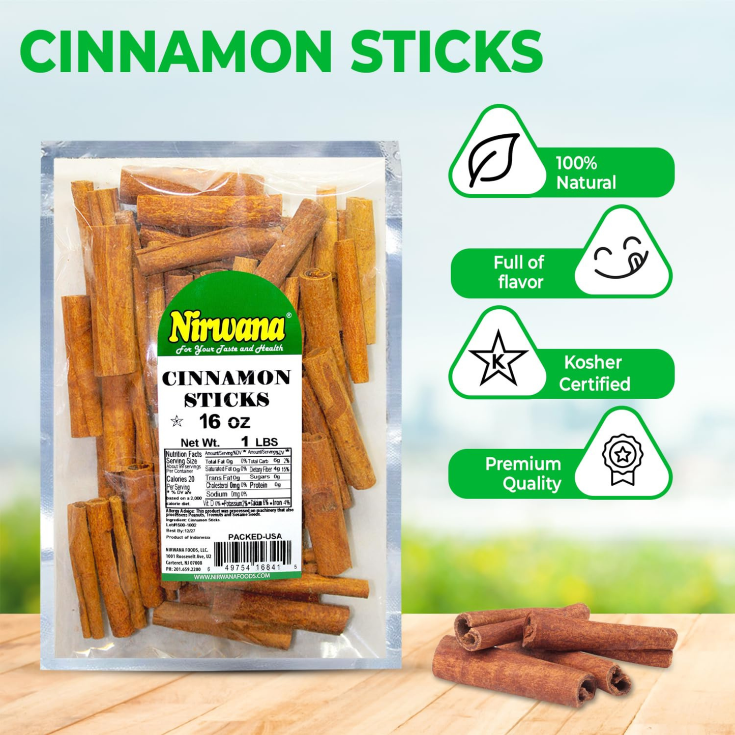 Nirwana Cinnamon Sticks – 2 3/4" | 16oz / 1lb Pouch | Premium Whole Cinnamon for Cooking & Baking