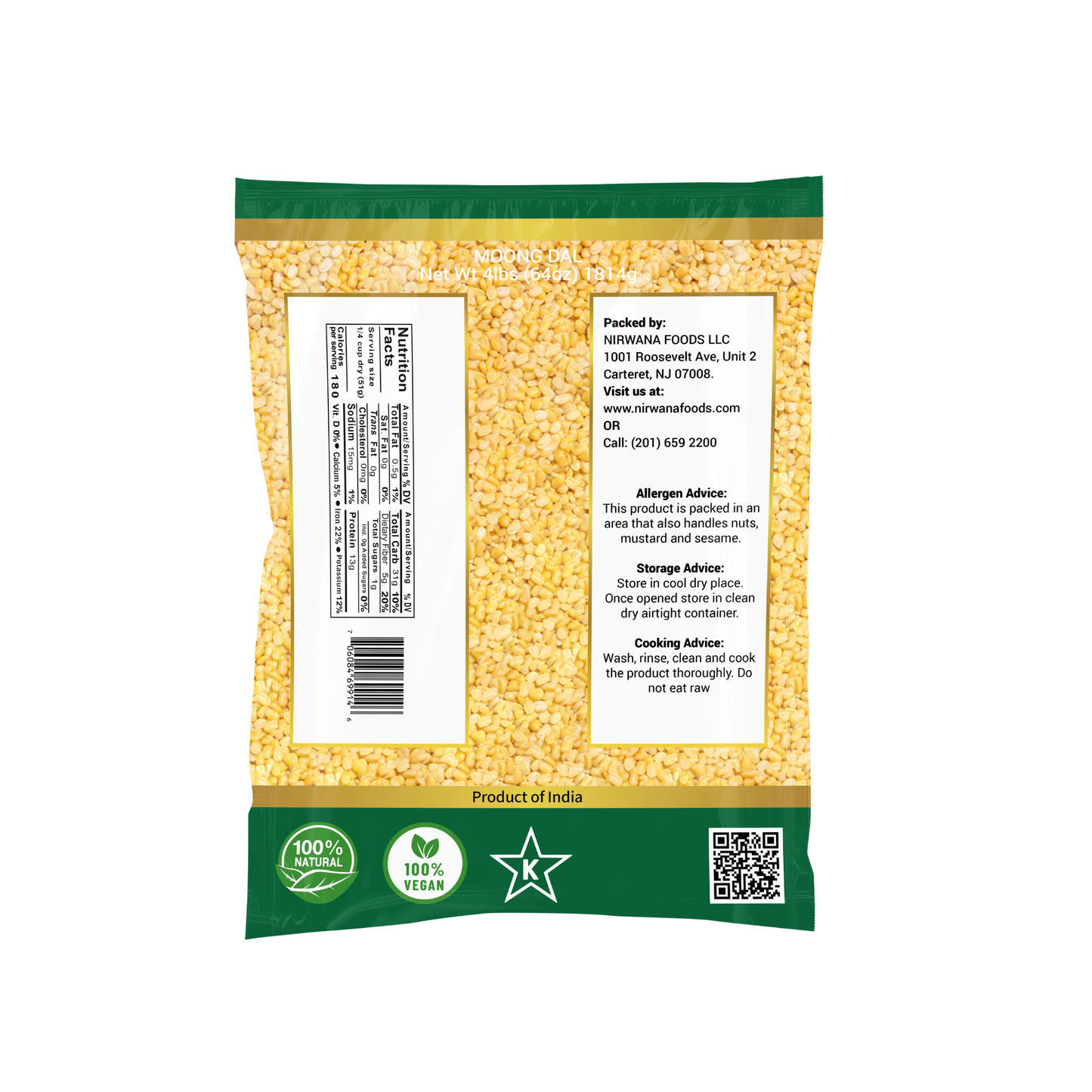 Nirwana Yellow Split Moong Beans (Moong Dal) – 4 lbs Bag | Protein-Rich Lentils for Curries & Soups