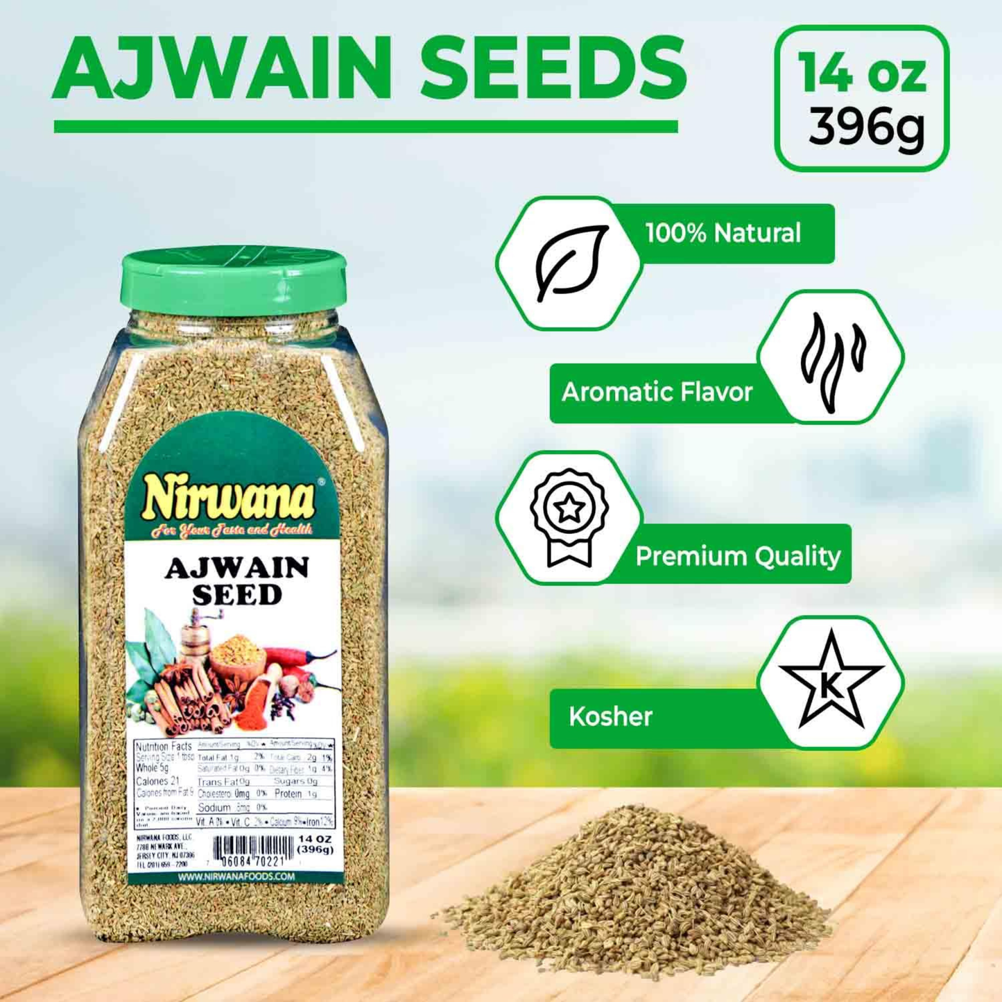 Nirwana Ajwain Seeds – 14oz Medium Jar | Premium Whole Ajwain for Cooking & Spice Blends