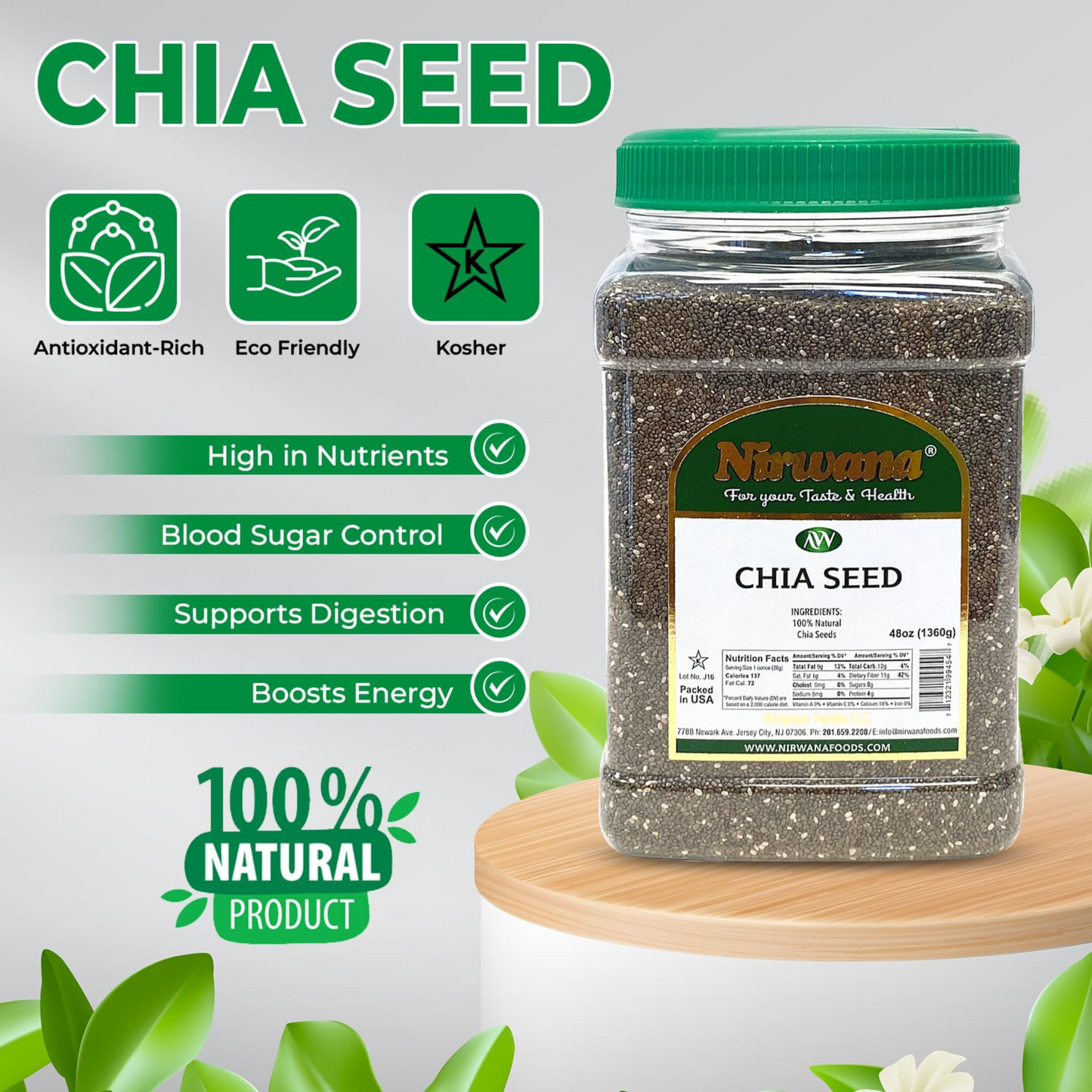 Nirwana Chia Seeds – Superfood Powerhouse (48 oz Large Jar) | High-Protein & Nutrient-Rich