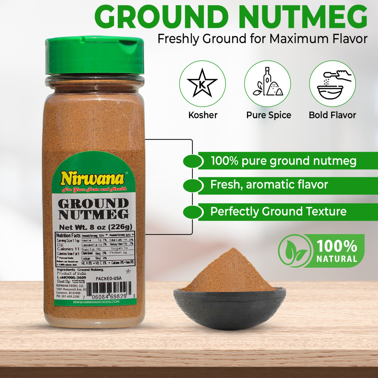 Nirwana Ground Nutmeg – 8oz Small Jar | Premium Aromatic Spice for Cooking & Baking