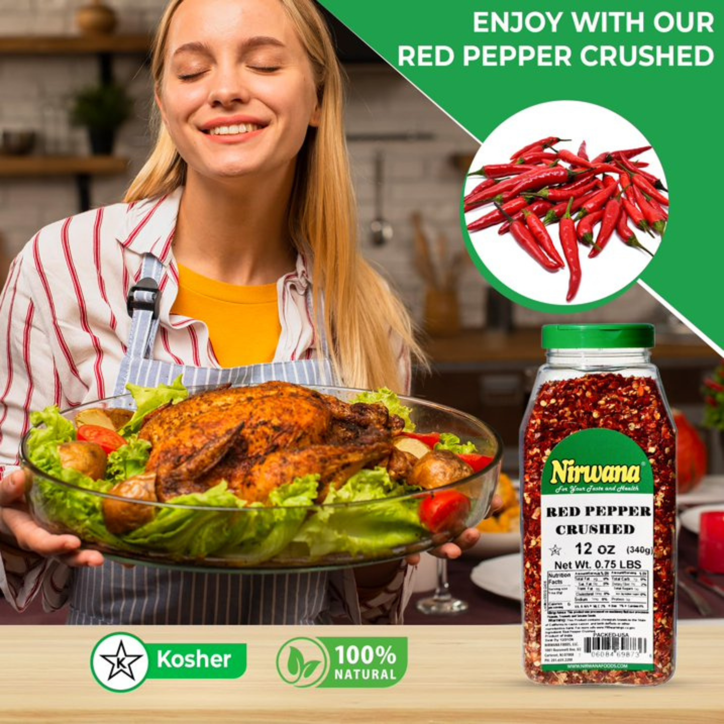 Nirwana Crushed Red Pepper – 12oz Medium Jar | Hot & Flavorful Chili Flakes for Cooking