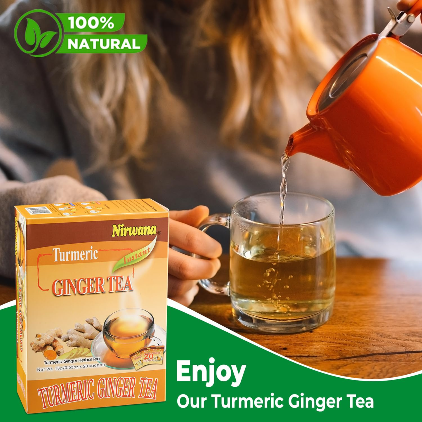 Nirwana Turmeric Ginger Tea – 20 Instant Tea Sachets | Immunity & Wellness Herbal Drink