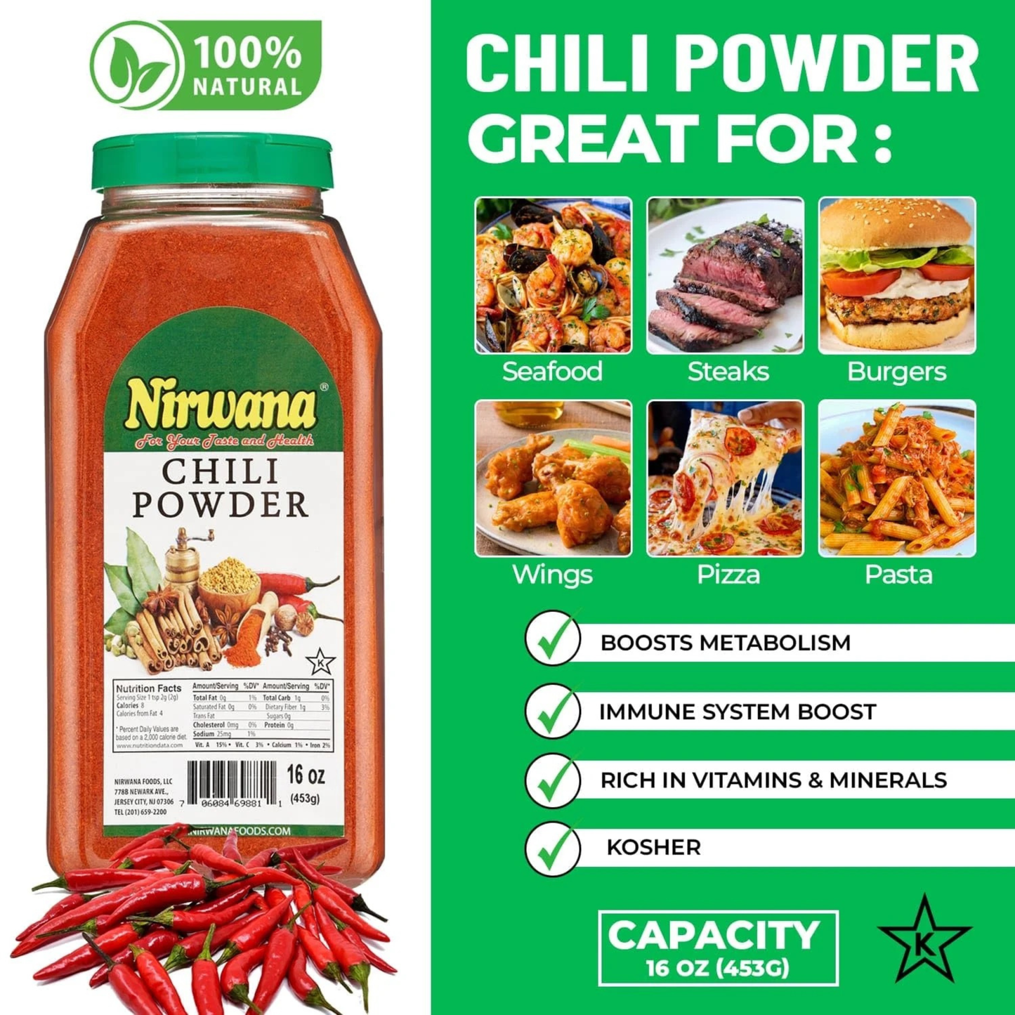 Nirwana Chili Powder – 16oz Medium Jar | Premium Ground Chili for Cooking, Seasoning & Spice Blends