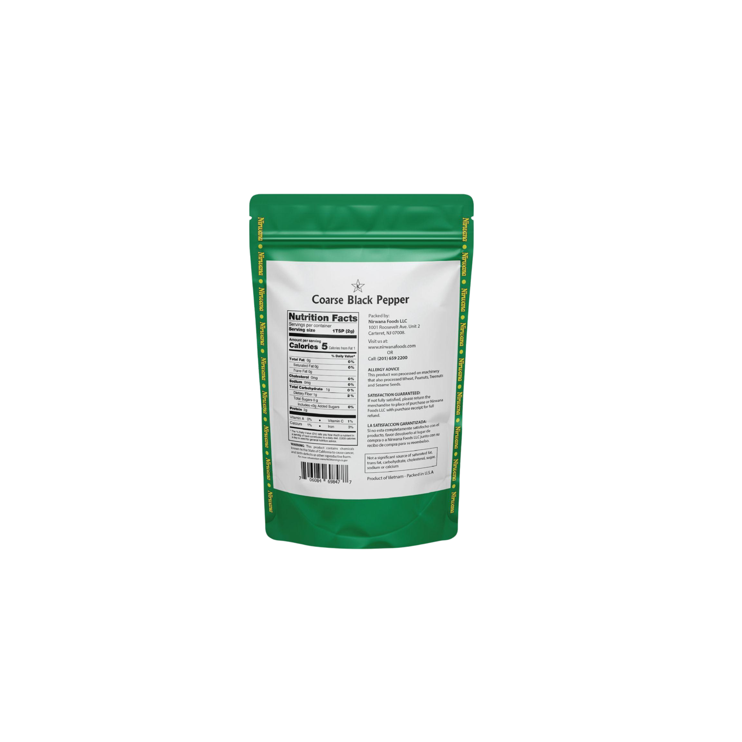 Nirwana Coarse Black Pepper 14 oz – Premium Bold & Spicy Peppercorns, Ideal for Grinding, Seasoning Meats, Sauces & Spice Blends, Resealable Stand-Up Pouch