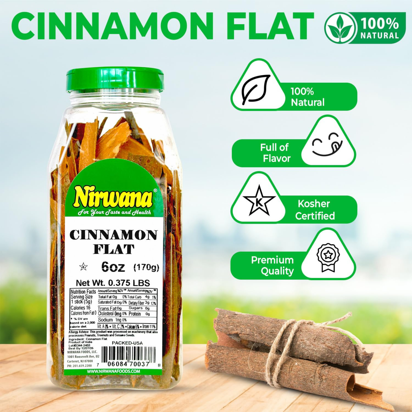 Nirwana Cinnamon Flat – 6oz Medium Jar | Premium Whole Cinnamon for Cooking & Spice Blends
