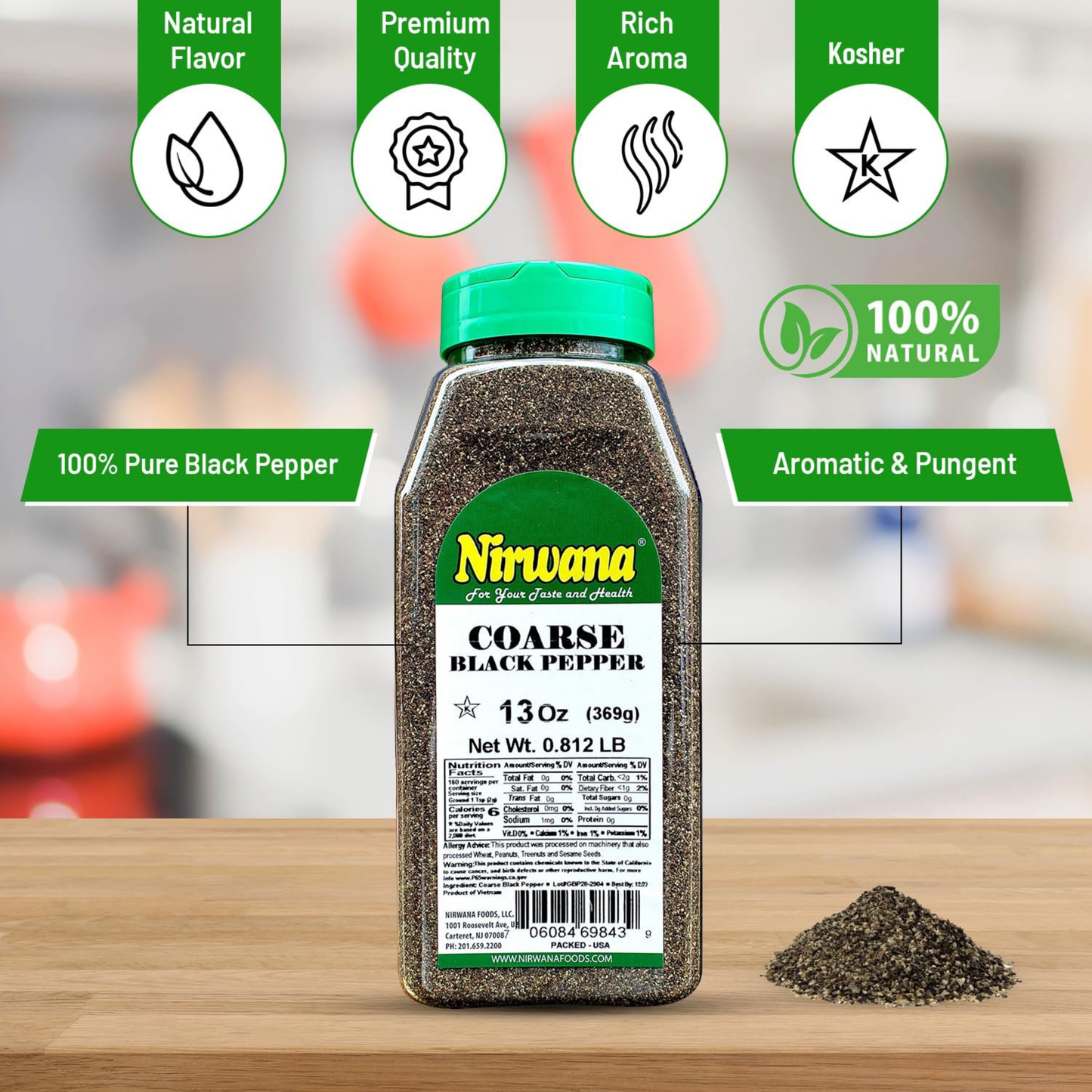 Nirwana Coarse Black Pepper – 13oz Medium Jar | Premium Cracked Black Pepper for Cooking & Seasoning